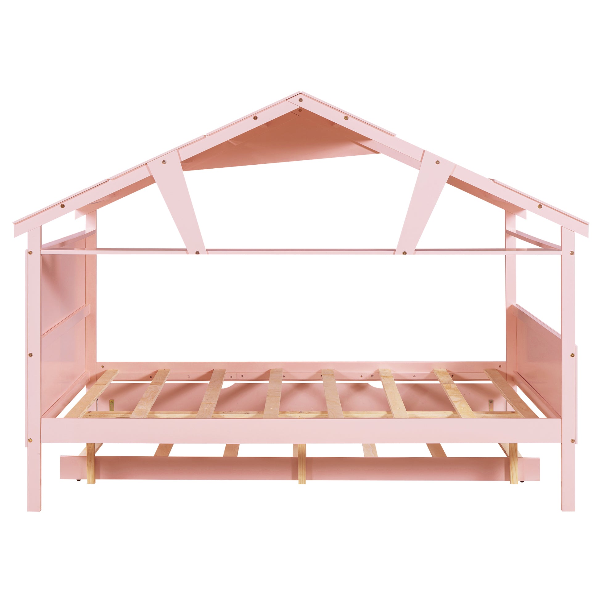 Wood Full Size House Bed With Twin Size Trundle And Storage, Pink Box Spring Not Required Full Pink Wood Bedroom Solid Wood Mdf