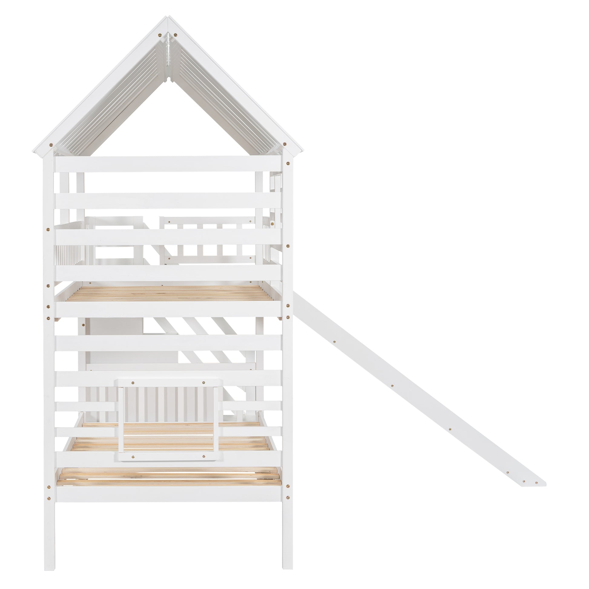 Twin Over Twin House Bunk Bed With Trundle And Slide, Storage Staircase, Roof And Window Design, White Old Sku: Gx000931Aak Box Spring Not Required Twin White Wood Bedroom Bunk Pine