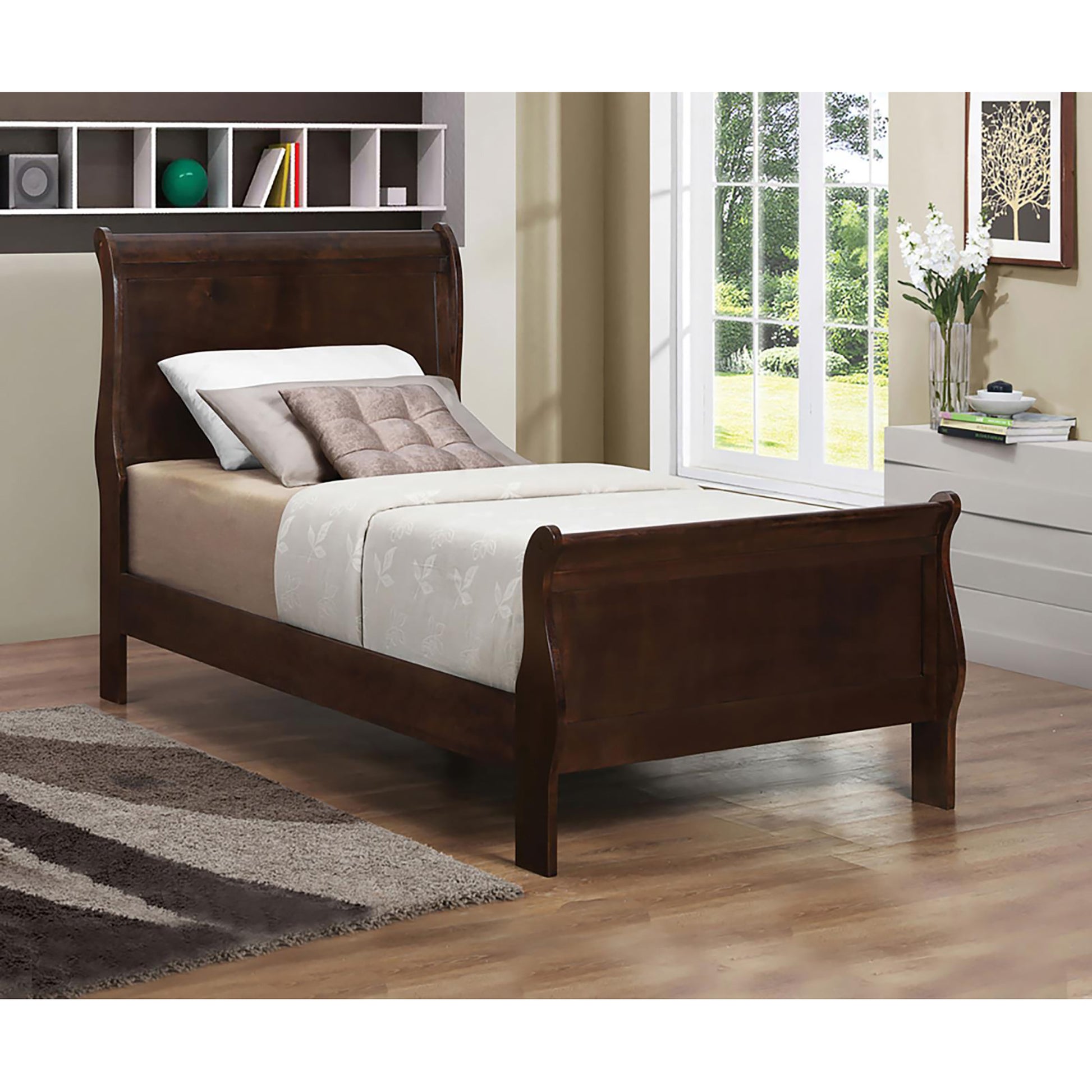 Cappuccino Twin Sleigh Bed Box Spring Required Twin Brown Wood Bedroom Traditional Rubberwood Kids Wood