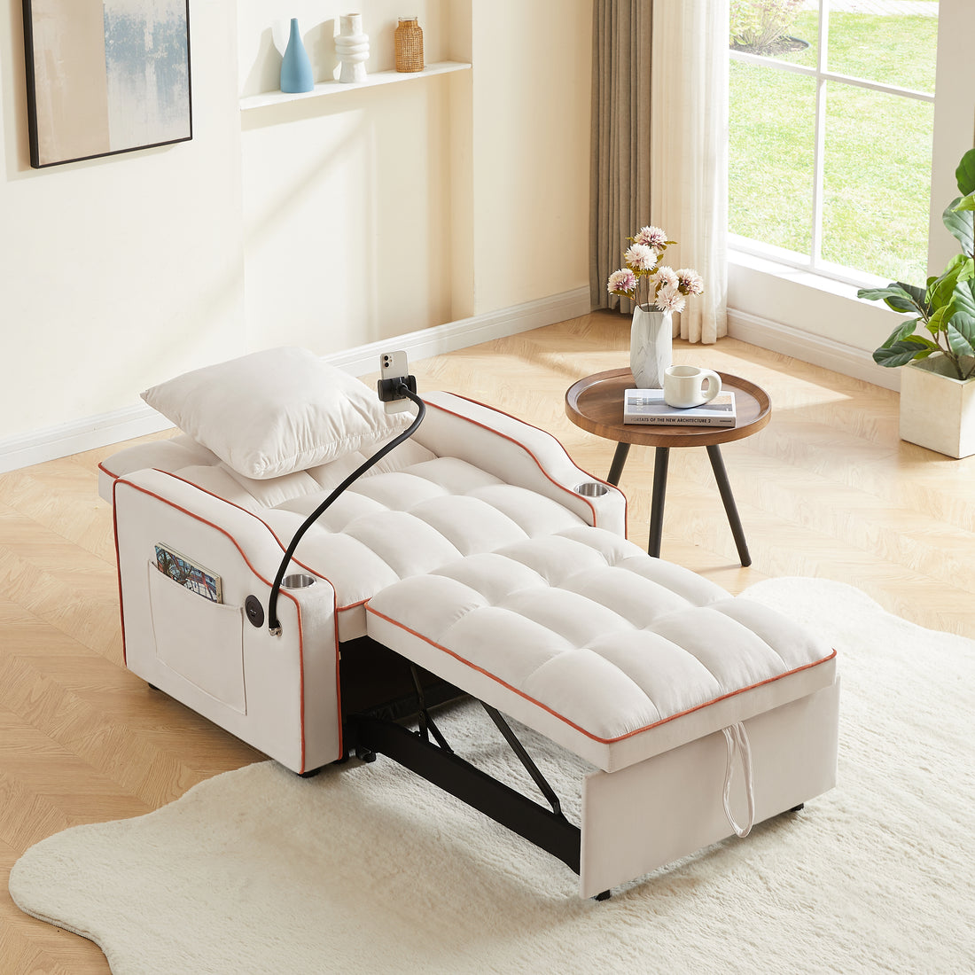 3 In 1 Sofa Bed, Convertible Sleeper Chair Sofa Bed Adjustable Pull Out Sleeper Chair Bed Multi Pockets Folding Sofa Bed For Living Room Bedroom Small Space Beige Velvet 1 Seat