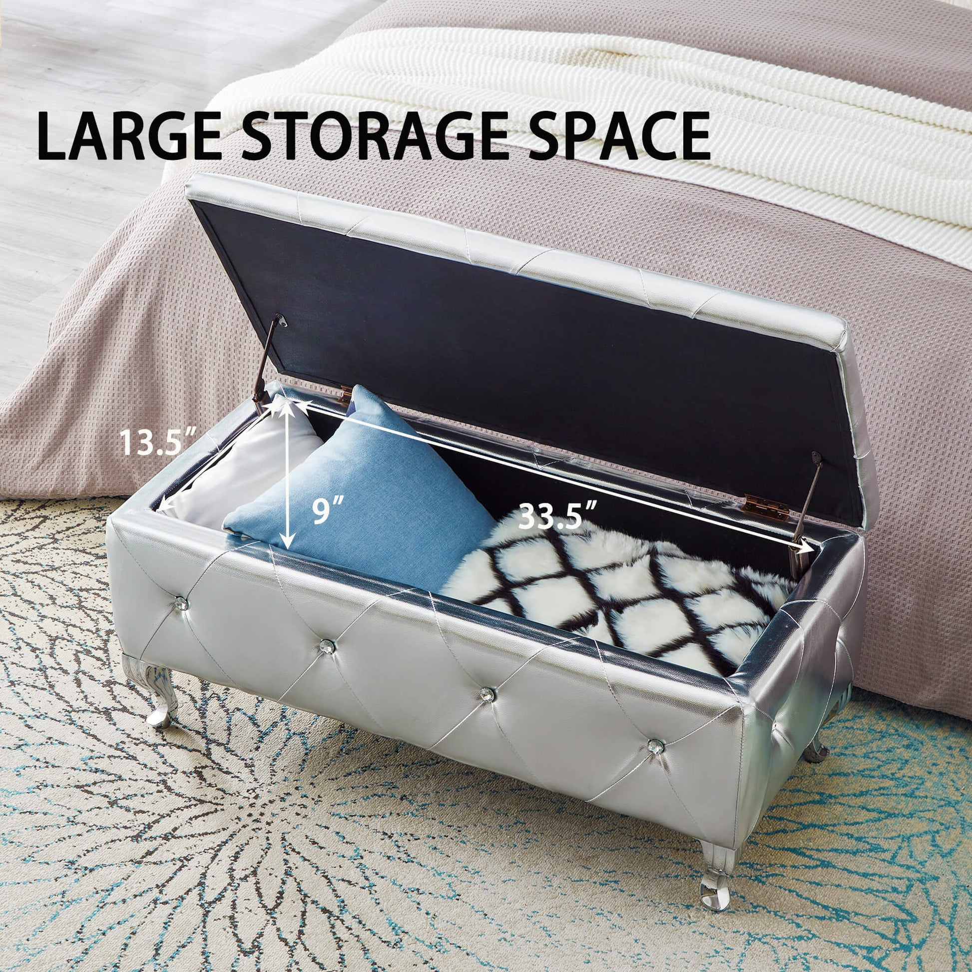 Upholstered Storage Ottoman Bench For Bedroom End Of Bed Faux Leather Rectangular Storage Benches Footrest With Crystal Buttons For Living Room Entryway Silver White Wood Bedroom Black Pattern Pine Wood With Storage Silver Faux Leather Faux Leather