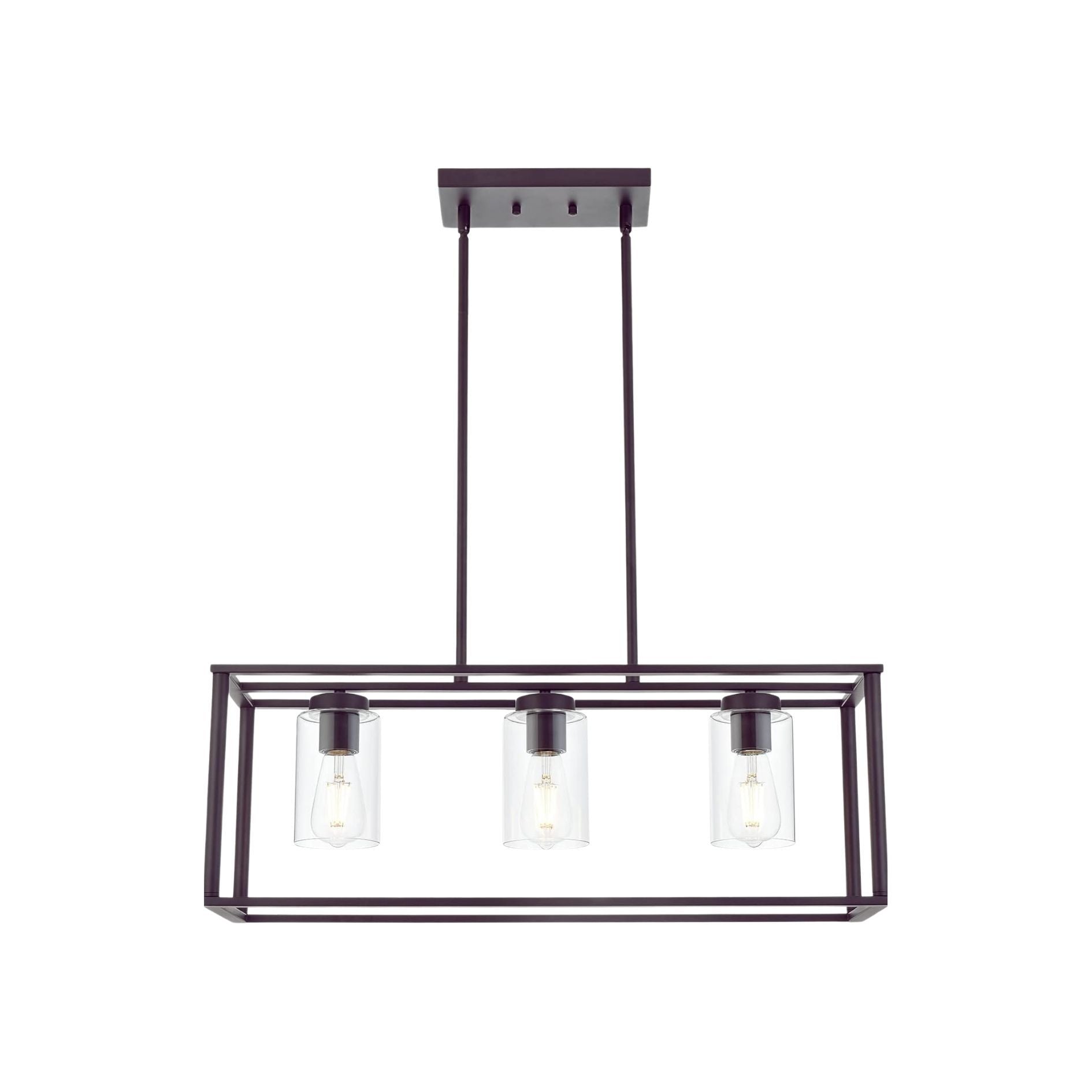 Contemporary Chandeliers Black 3 Light Modern Dining Room Lighting Fixtures Hanging, Kitchen Island Cage Linear Pendant Lights Farmhouse Flush Mount Ceiling Light With Glass Shade Oil Rubbed Bronze Metal