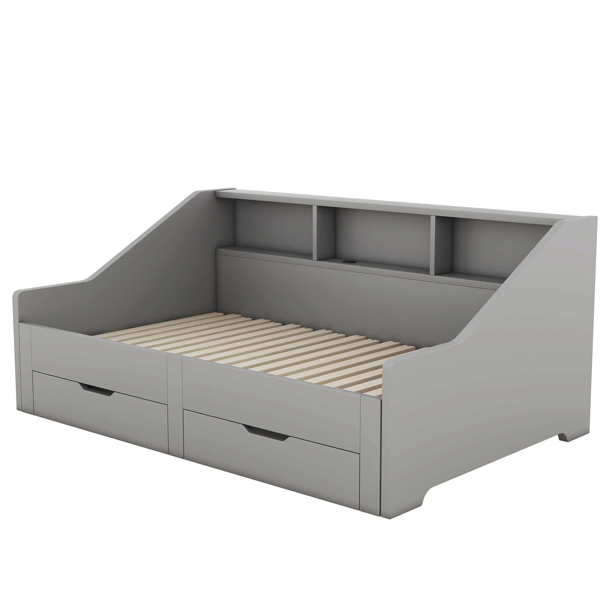 Twin To King Size Daybed Frame With Storage Bookcases And Two Drawers,Charging Design,Gray Gray Solid Wood Mdf