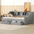 Twin To King Size Daybed Frame With Storage Bookcases And Two Drawers,Charging Design,Gray Gray Solid Wood Mdf