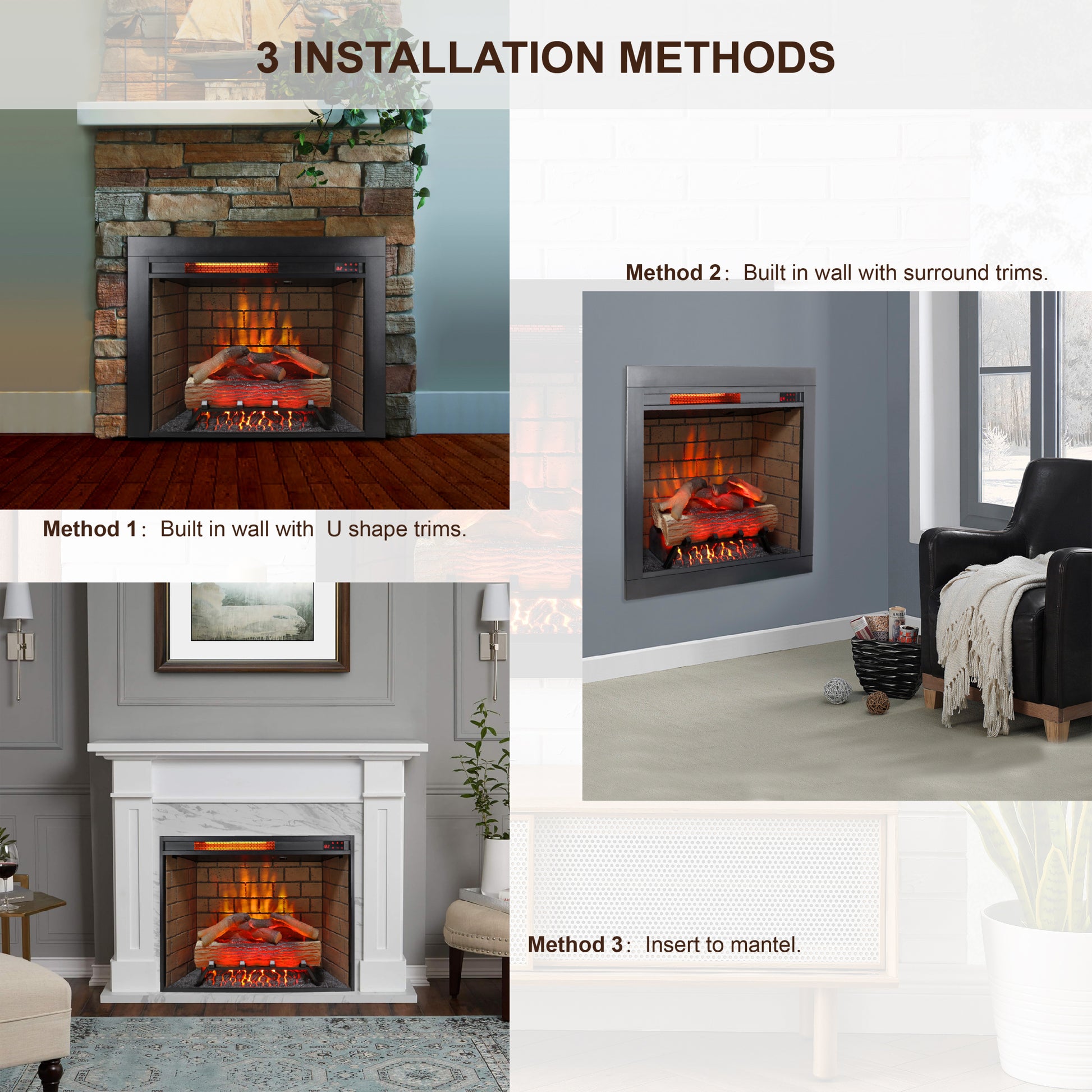 28Inch Infrared Electric Fireplace Insert, Touch Panel Home Decor Heater, Smokeless Firebox With Trim Kit Powder Coated Electric Antique Black Vent Free Primary Living Space Yes Insert Tempered Glass Sheet Metal Plastic Electric