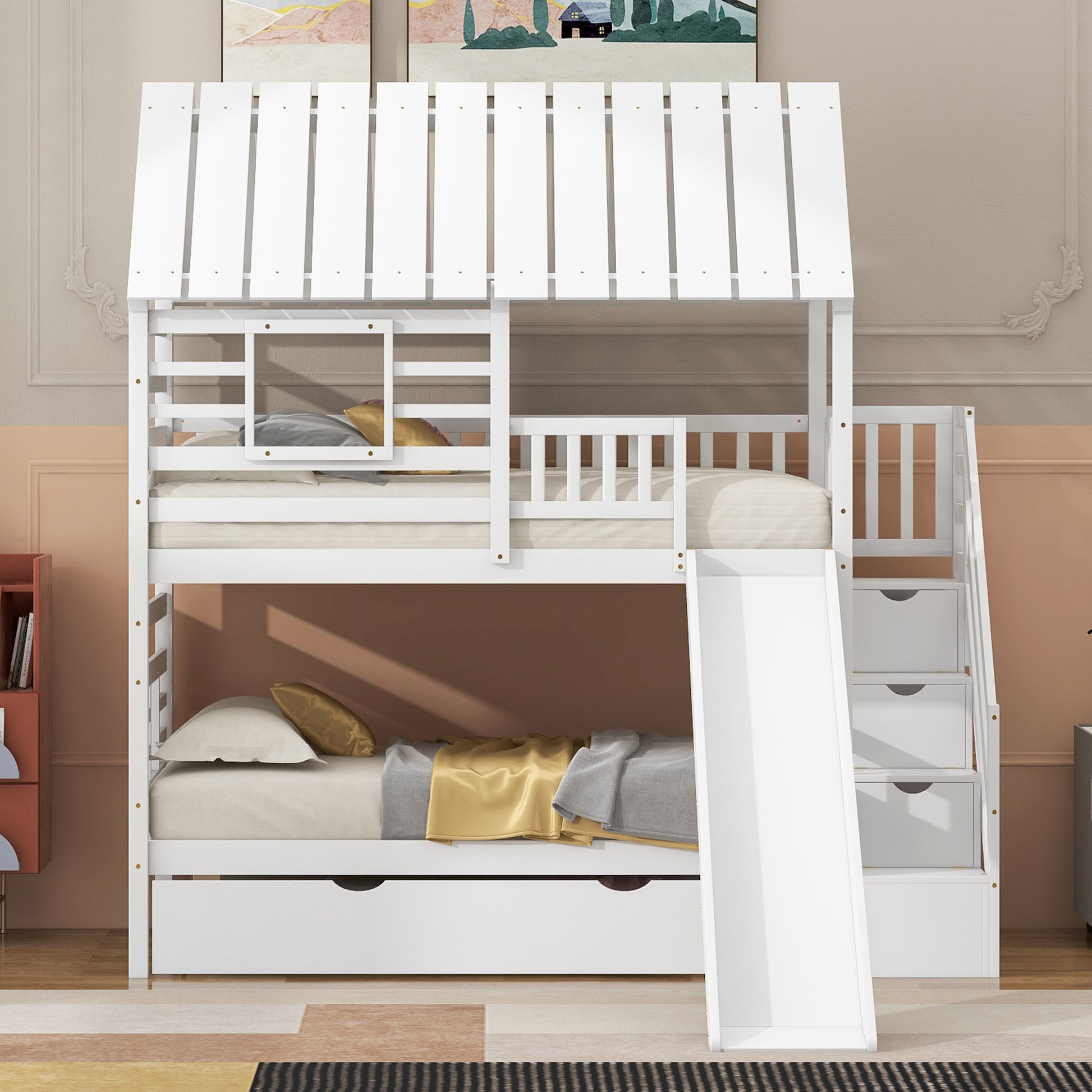 Twin Over Twin House Bunk Bed With Trundle And Slide, Storage Staircase, Roof And Window Design, White Old Sku: Gx000931Aak Box Spring Not Required Twin White Wood Bedroom Bunk Pine