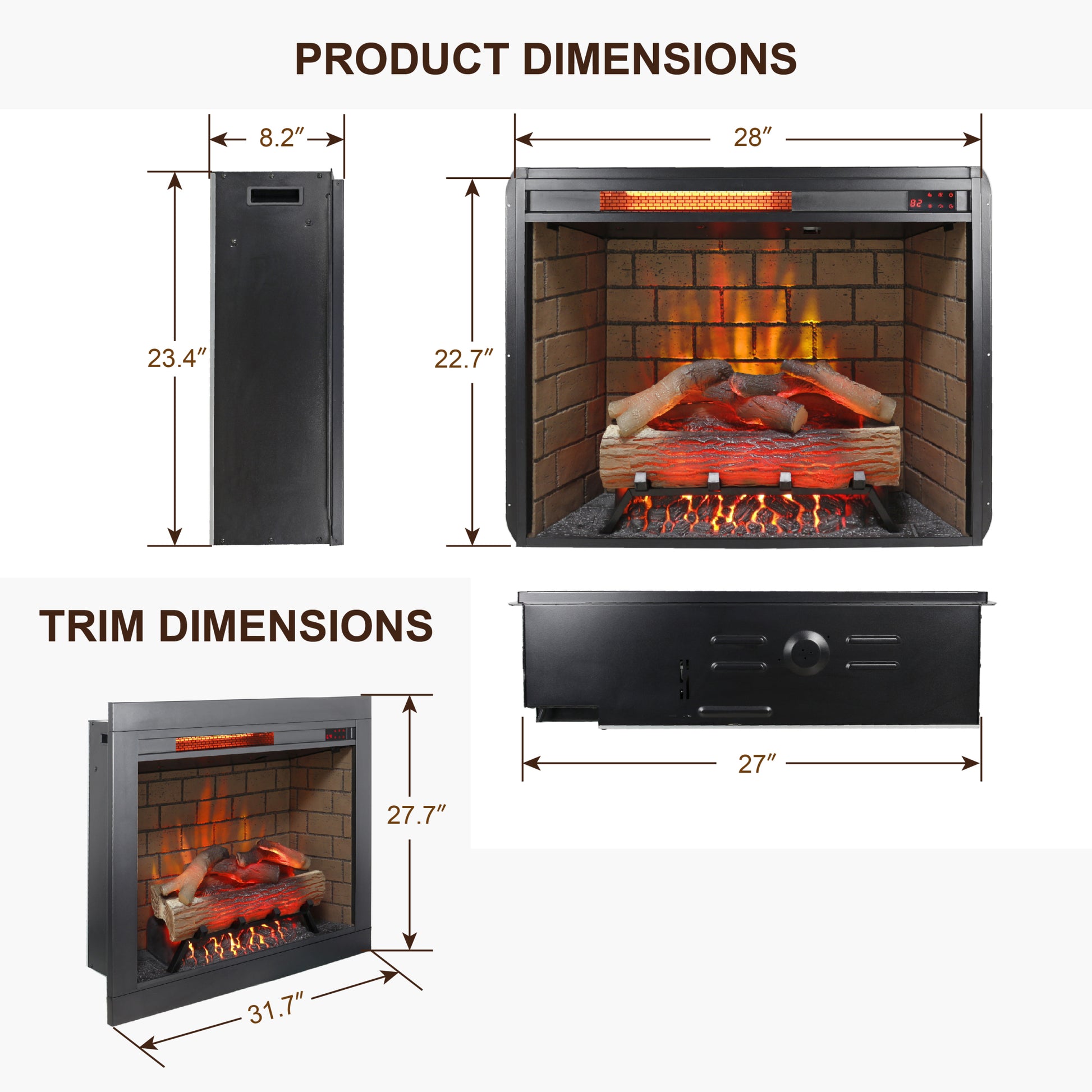 28Inch Infrared Electric Fireplace Insert, Touch Panel Home Decor Heater, Smokeless Firebox With Trim Kit Powder Coated Electric Antique Black Vent Free Primary Living Space Yes Insert Tempered Glass Sheet Metal Plastic Electric