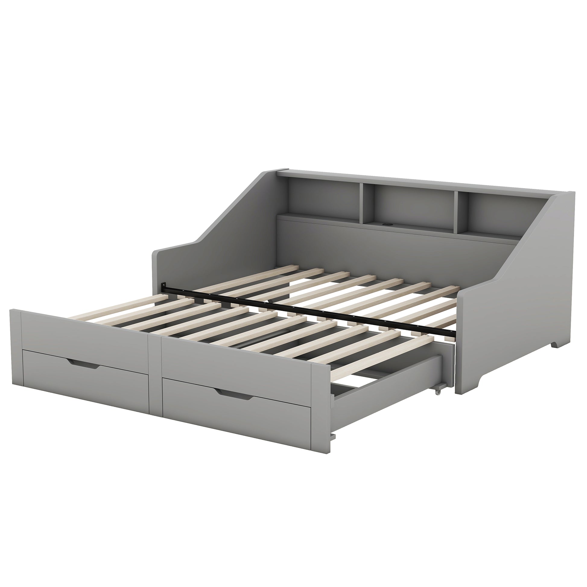 Twin To King Size Daybed Frame With Storage Bookcases And Two Drawers,Charging Design,Gray Gray Solid Wood Mdf