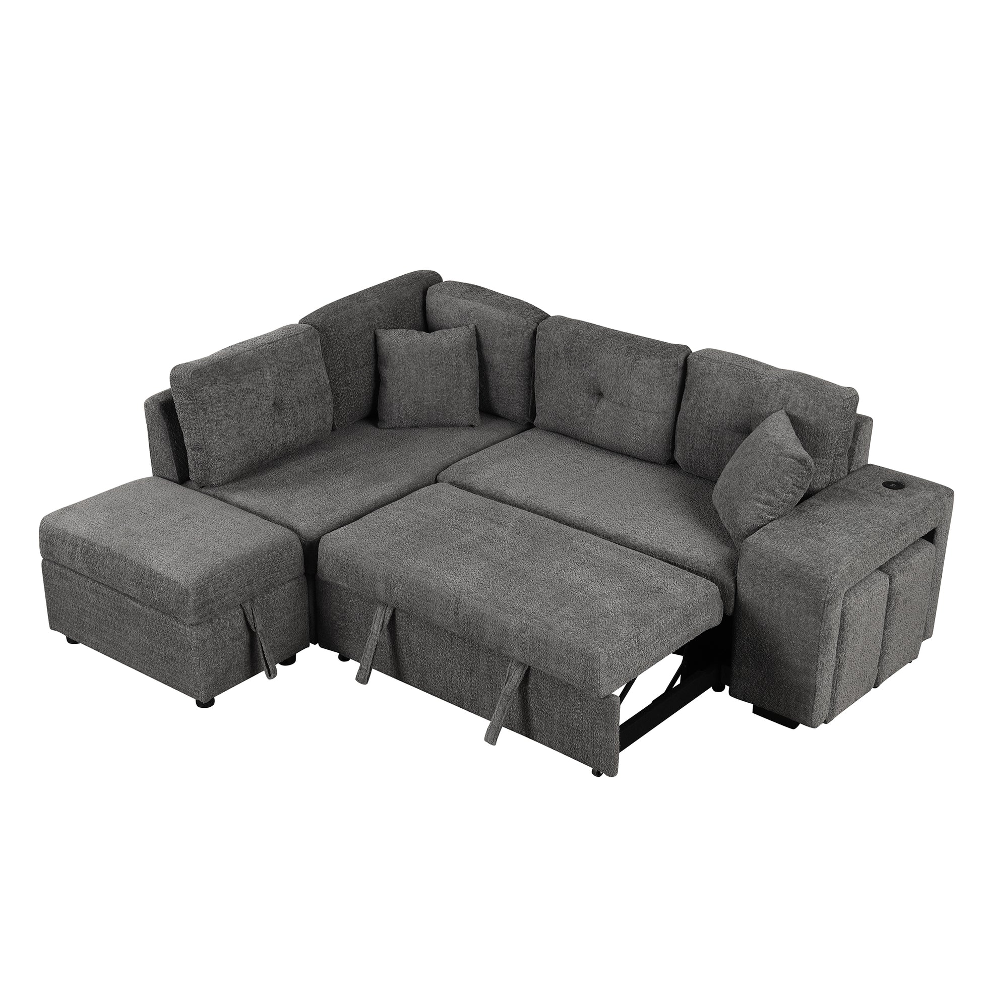 87.7" Convertible Sleeper, Sectional Pull Out Sofa Bed With Storage Ottoman, 2 Throw Pillows, 2 Stools, Wireless Charger And Two Hidden Usb Ports For Living Room, Dark Gray Dark Gray Chenille 4 Seat