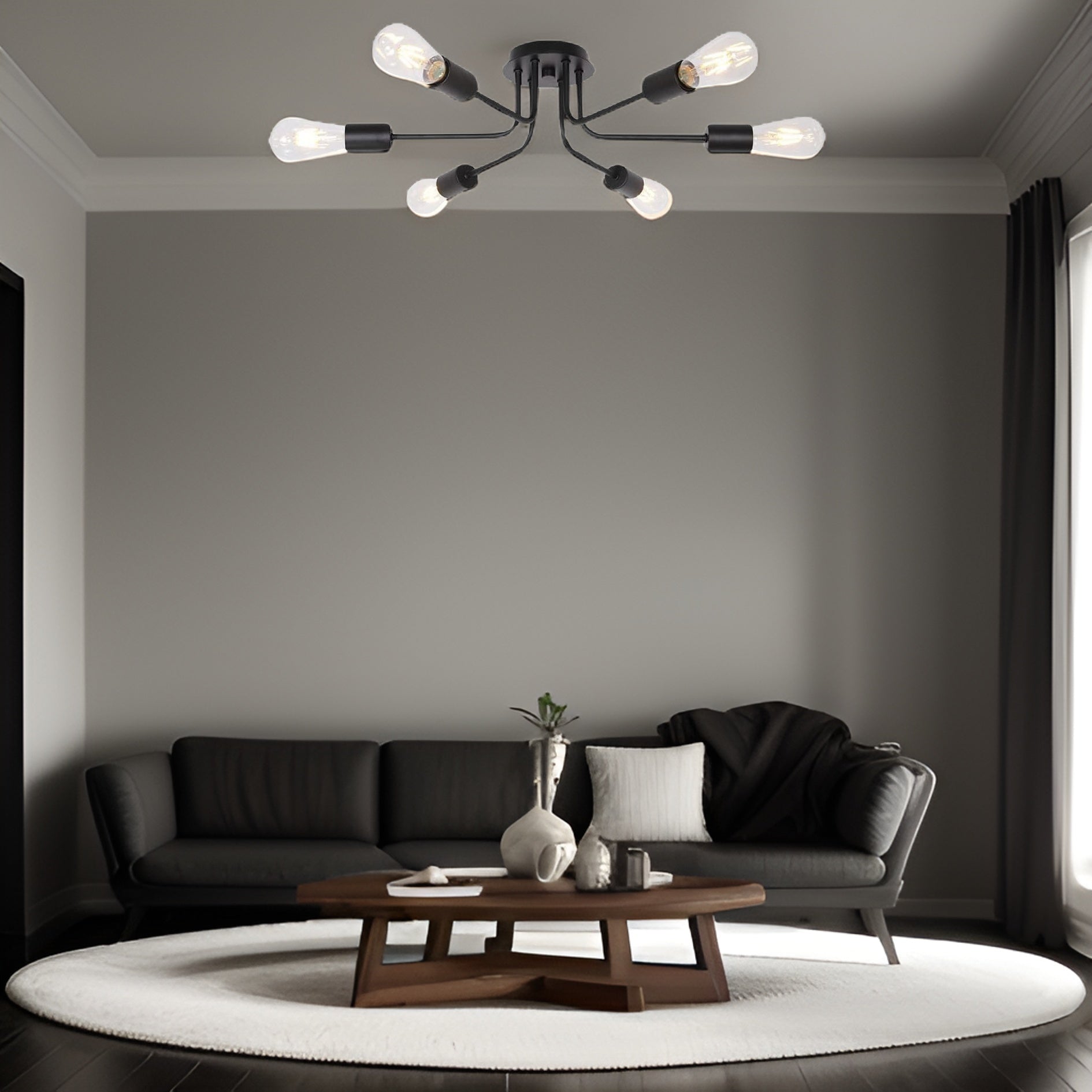 Modern Sputnik Chandelier 6 Light Semi Flush Mount Ceiling Lighting Cotemporary Industrial Brushed Nickel Ceiling Fixture Black Metal