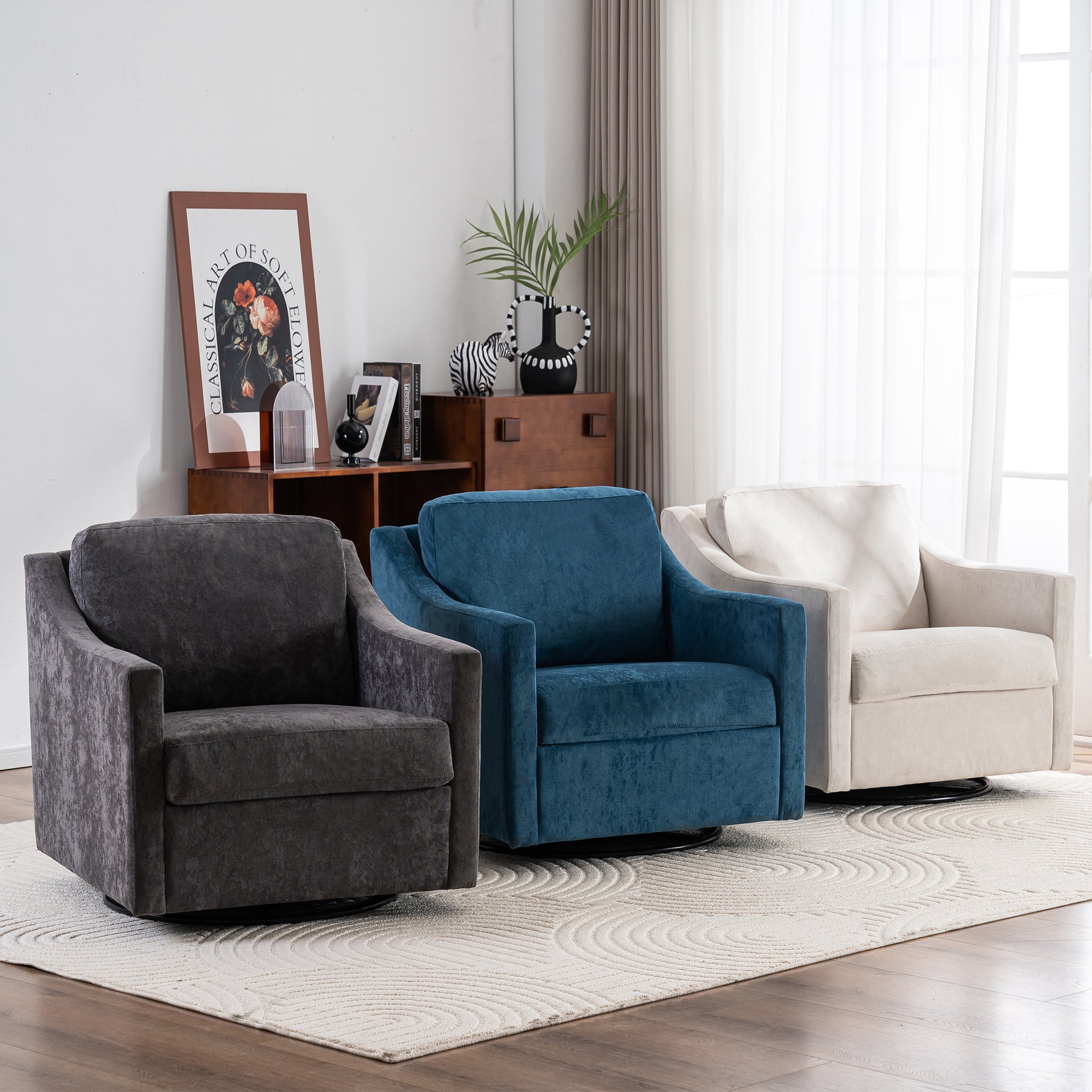Large Swivel Chair, Upholstered Armchair, Modern Chair, Skin Friendly Gradient Color Linen Fabric, Comfortable To Sit. Suitable For Reception Living Room, Beige Beige Fabric