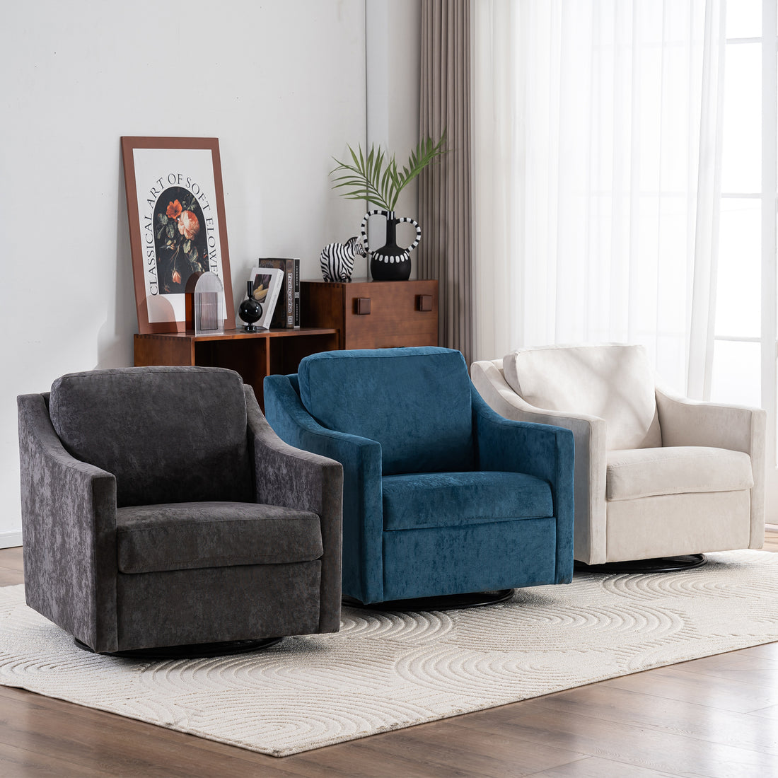 Large Swivel Chair, Upholstered Armchair, Modern Chair, Skin Friendly Gradient Color Linen Fabric, Comfortable To Sit. Suitable For Reception Living Room, Gray Gray Fabric