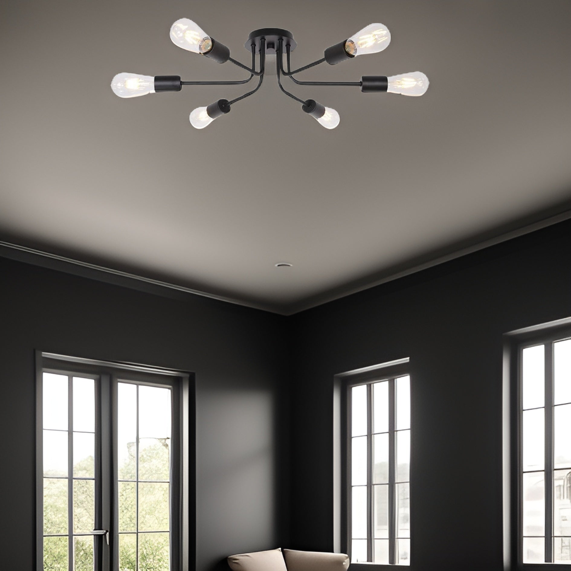 Modern Sputnik Chandelier 6 Light Semi Flush Mount Ceiling Lighting Cotemporary Industrial Brushed Nickel Ceiling Fixture Black Metal