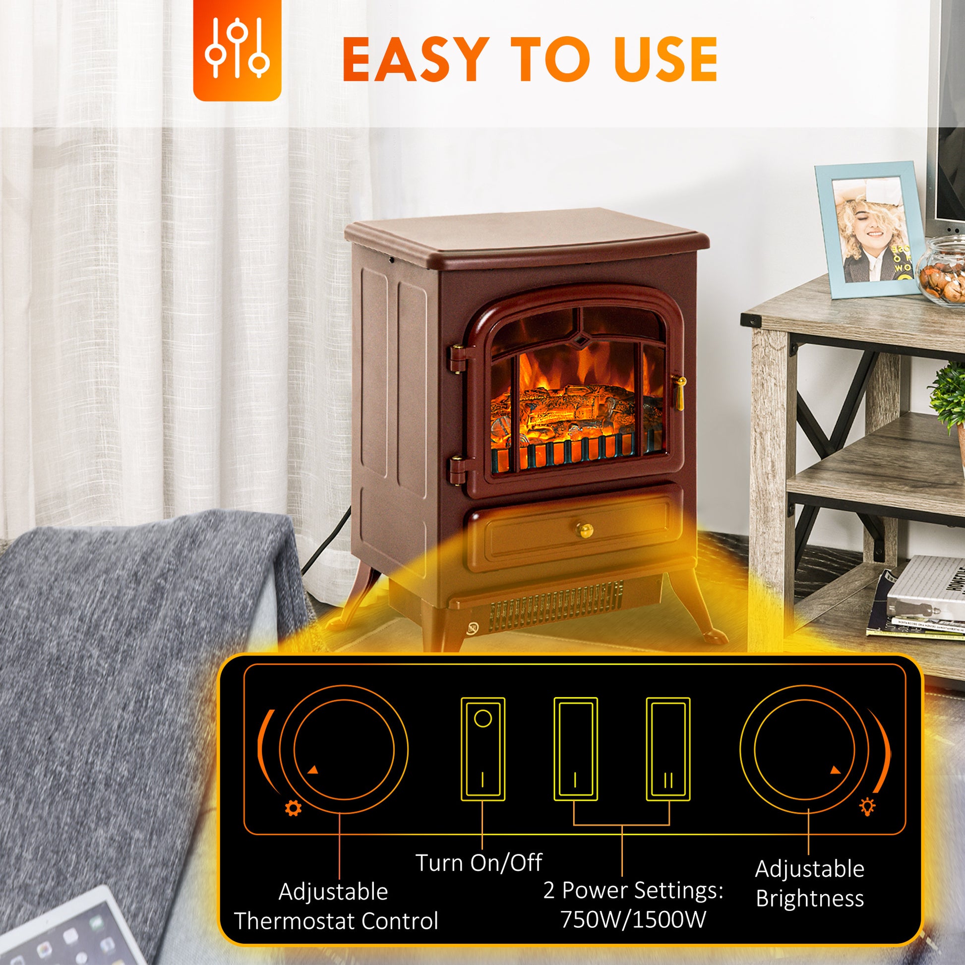 Homcom 22" Electric Fireplace Heater, Freestanding Fire Place Stove With Realistic Led Flames And Logs, And Overheating Protection, 750W 1500W, Red Red Tempered Glass