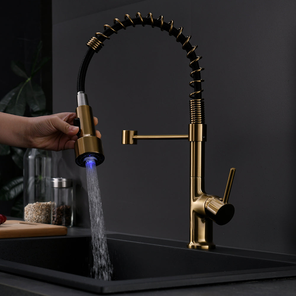 Commercial Led Kitchen Faucet With Pull Down Sprayer, Single Handle Single Lever Kitchen Sink Faucet Gold Kitchen Contemporary Ceramic Brass