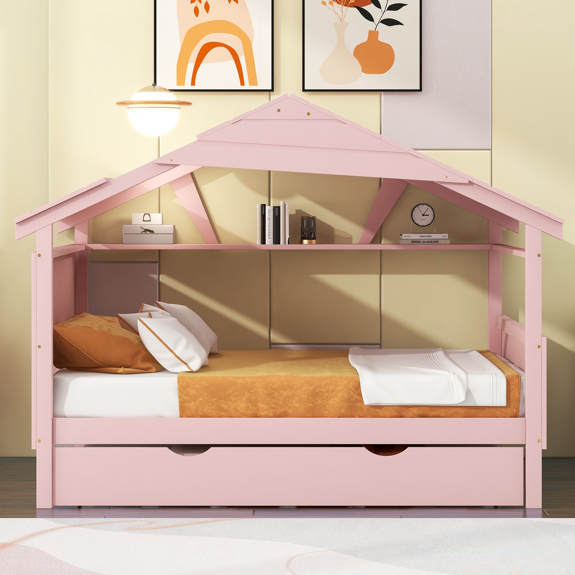 Wood Full Size House Bed With Twin Size Trundle And Storage, Pink Box Spring Not Required Full Pink Wood Bedroom Solid Wood Mdf