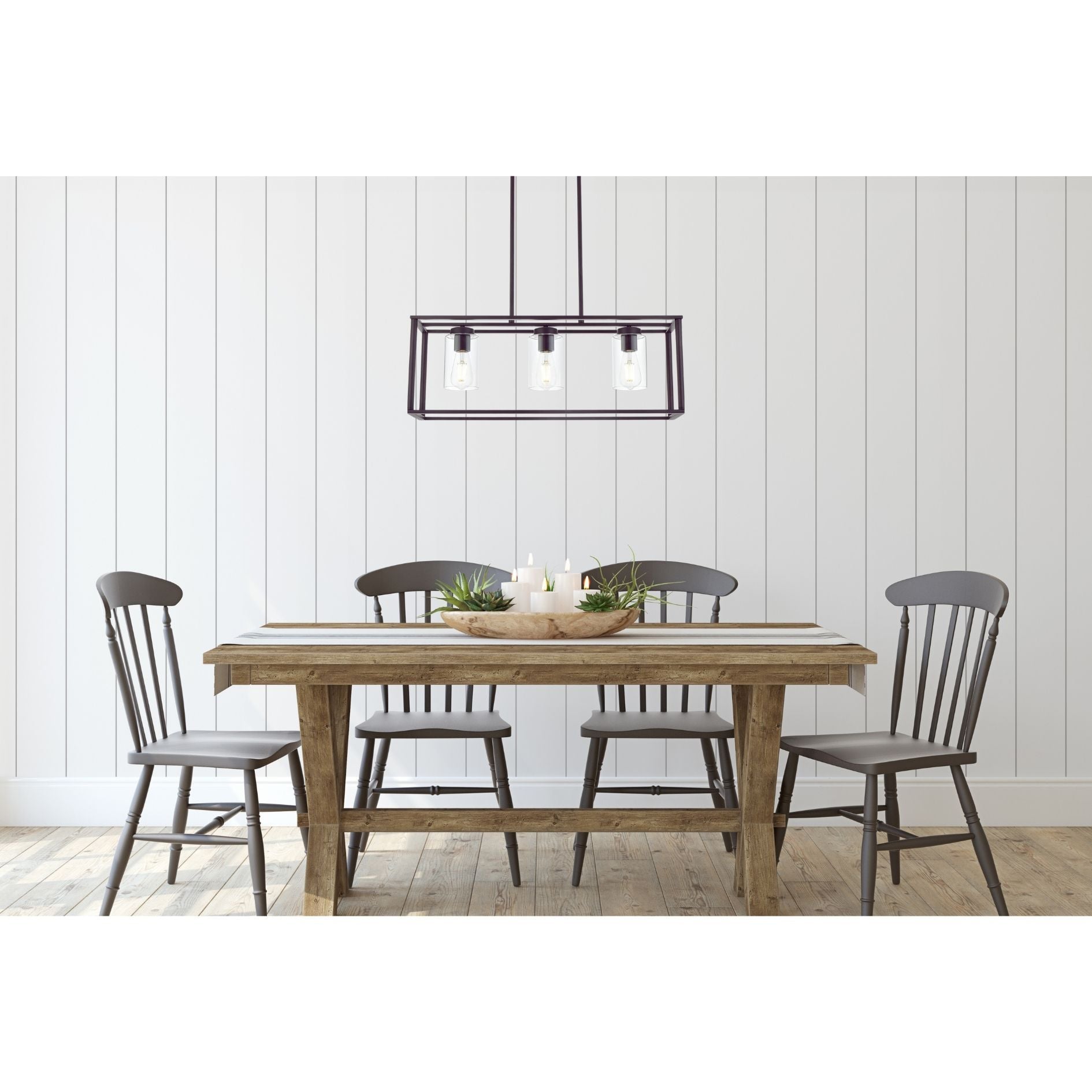 Contemporary Chandeliers Black 3 Light Modern Dining Room Lighting Fixtures Hanging, Kitchen Island Cage Linear Pendant Lights Farmhouse Flush Mount Ceiling Light With Glass Shade Oil Rubbed Bronze Metal