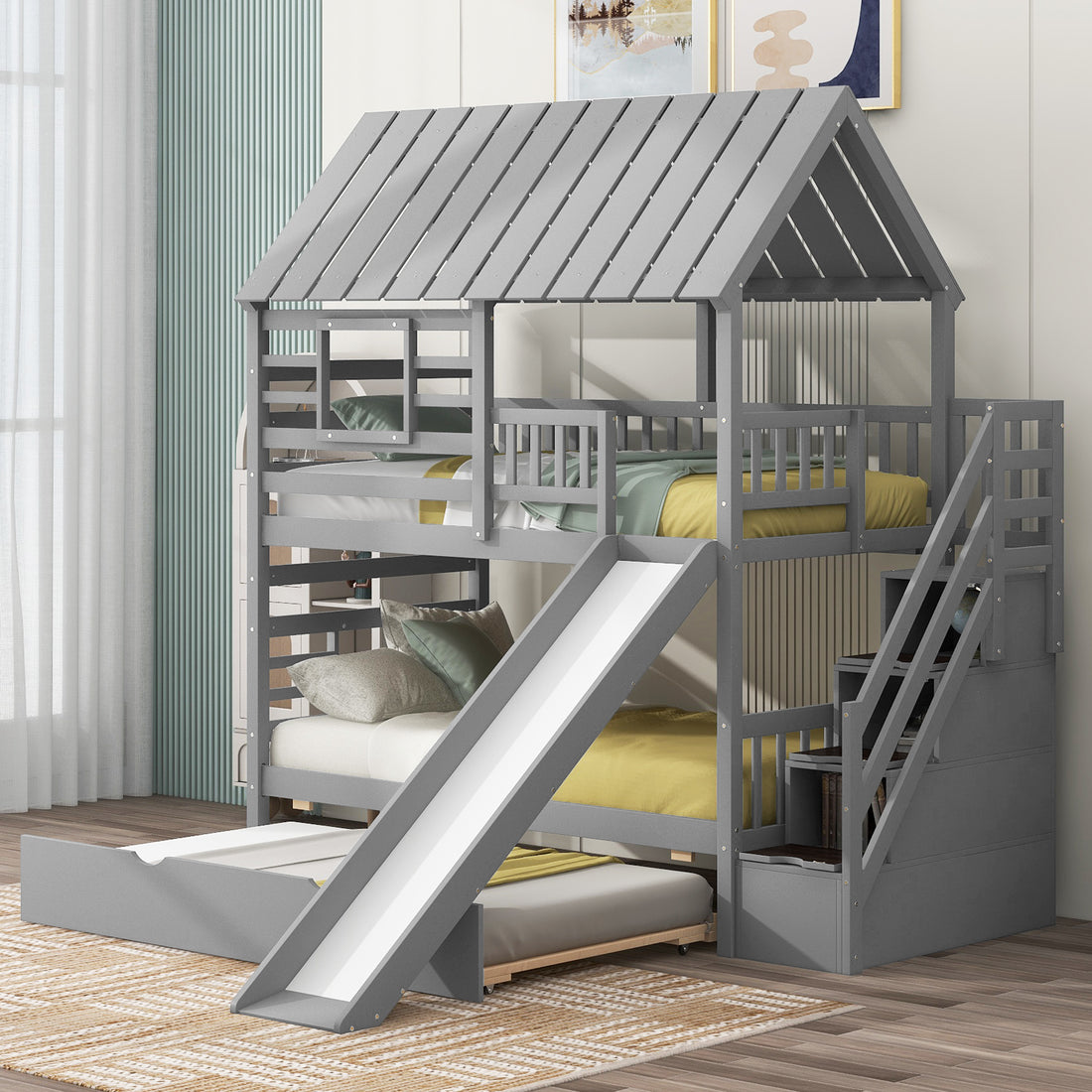 Twin Over Twin House Bunk Bed With Trundle And Slide, Storage Staircase, Roof And Window Design, Gray Old Sku: Gx000931Aae Box Spring Not Required Twin Gray Wood Bedroom Bunk Pine