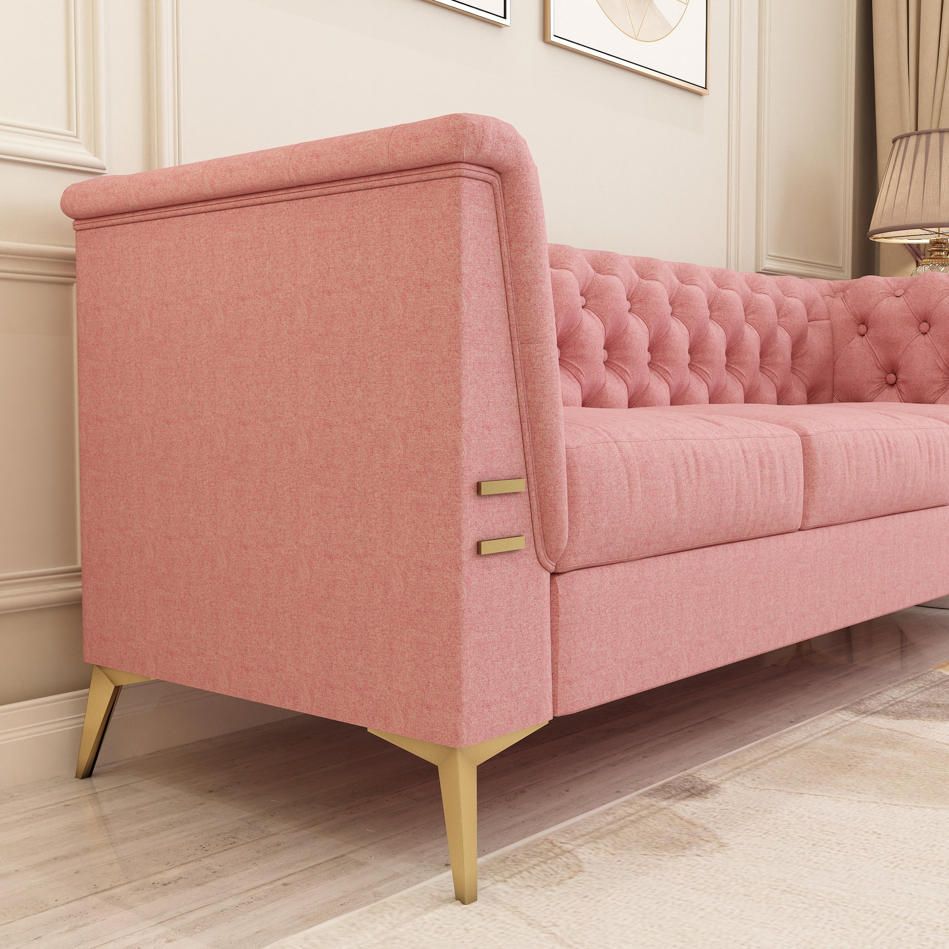 Fx P83 Pk2 Sofa Modern Velvet Living Room Chesterfield Design 82.7Inch Wide Pink 3 Seat Sofa Pink Velvet 3 Seat