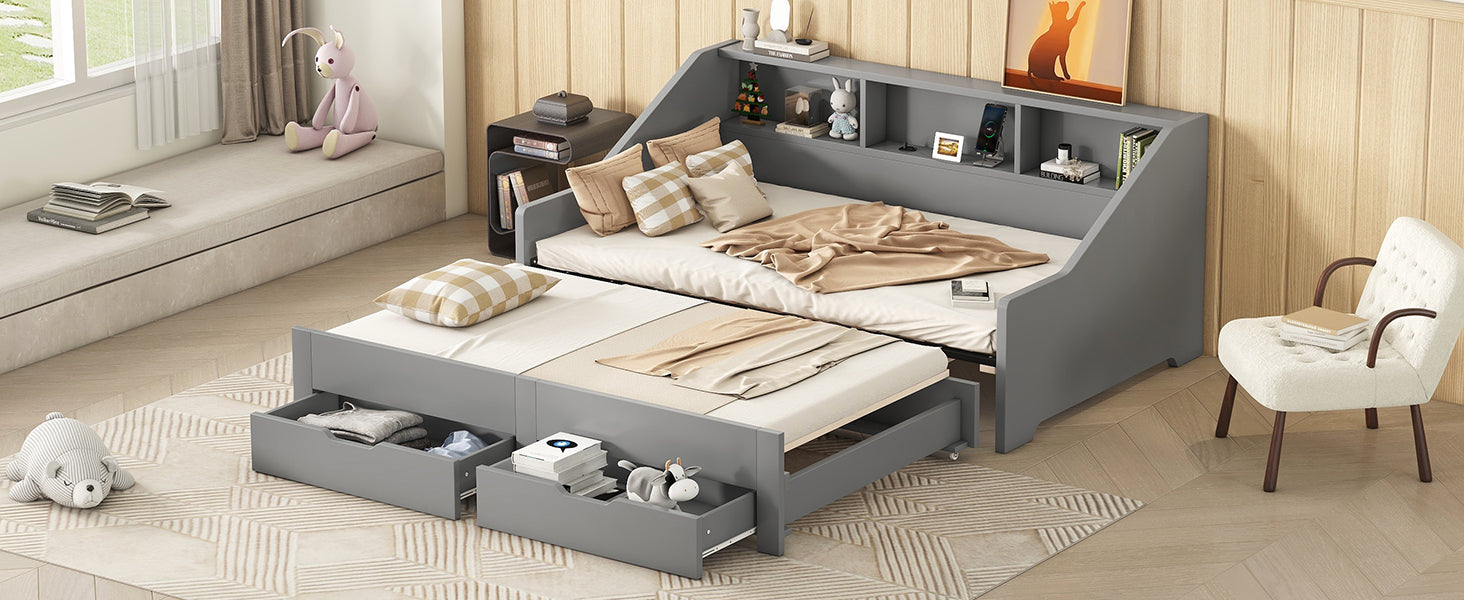 Twin To King Size Daybed Frame With Storage Bookcases And Two Drawers,Charging Design,Gray Gray Solid Wood Mdf