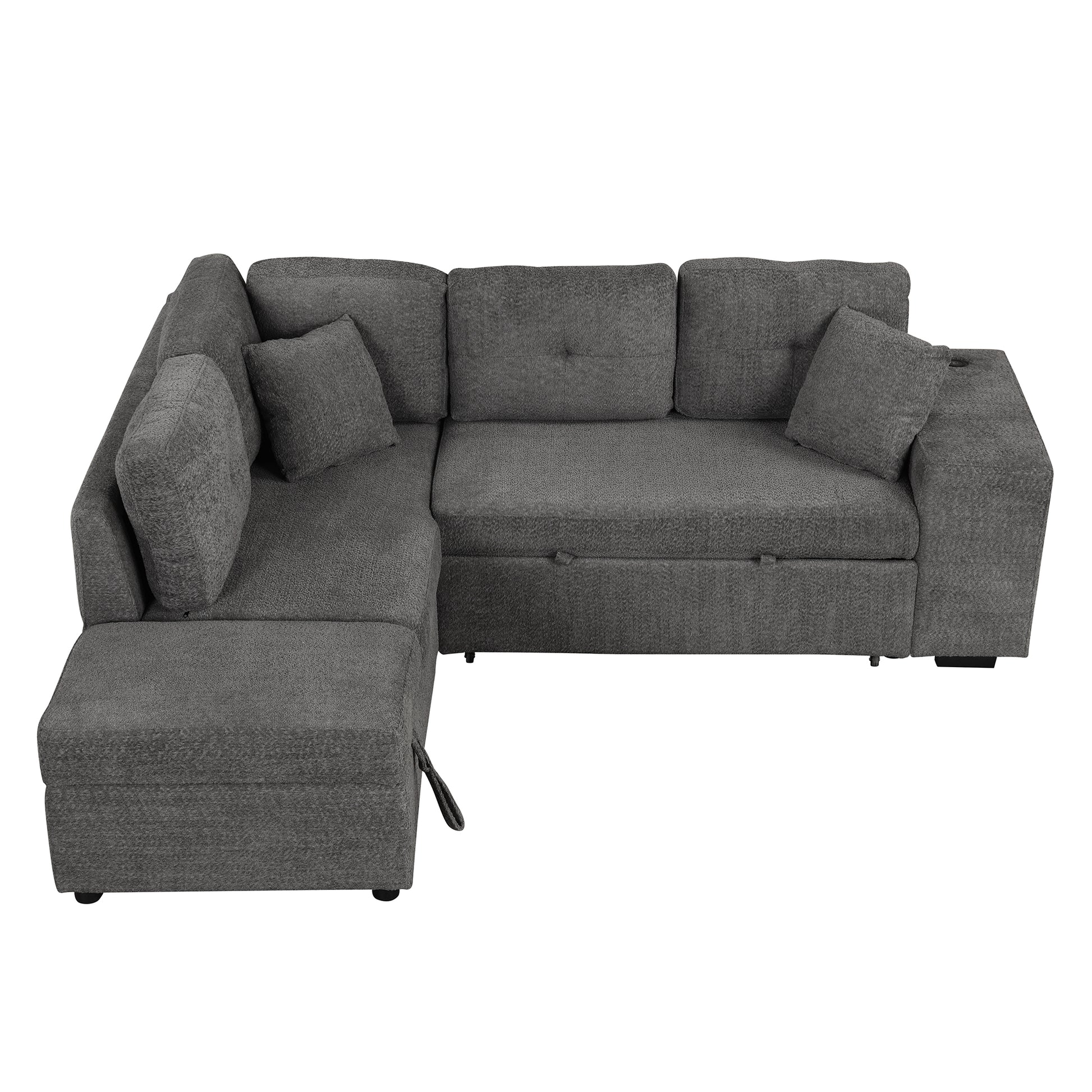 87.7" Convertible Sleeper, Sectional Pull Out Sofa Bed With Storage Ottoman, 2 Throw Pillows, 2 Stools, Wireless Charger And Two Hidden Usb Ports For Living Room, Dark Gray Dark Gray Chenille 4 Seat