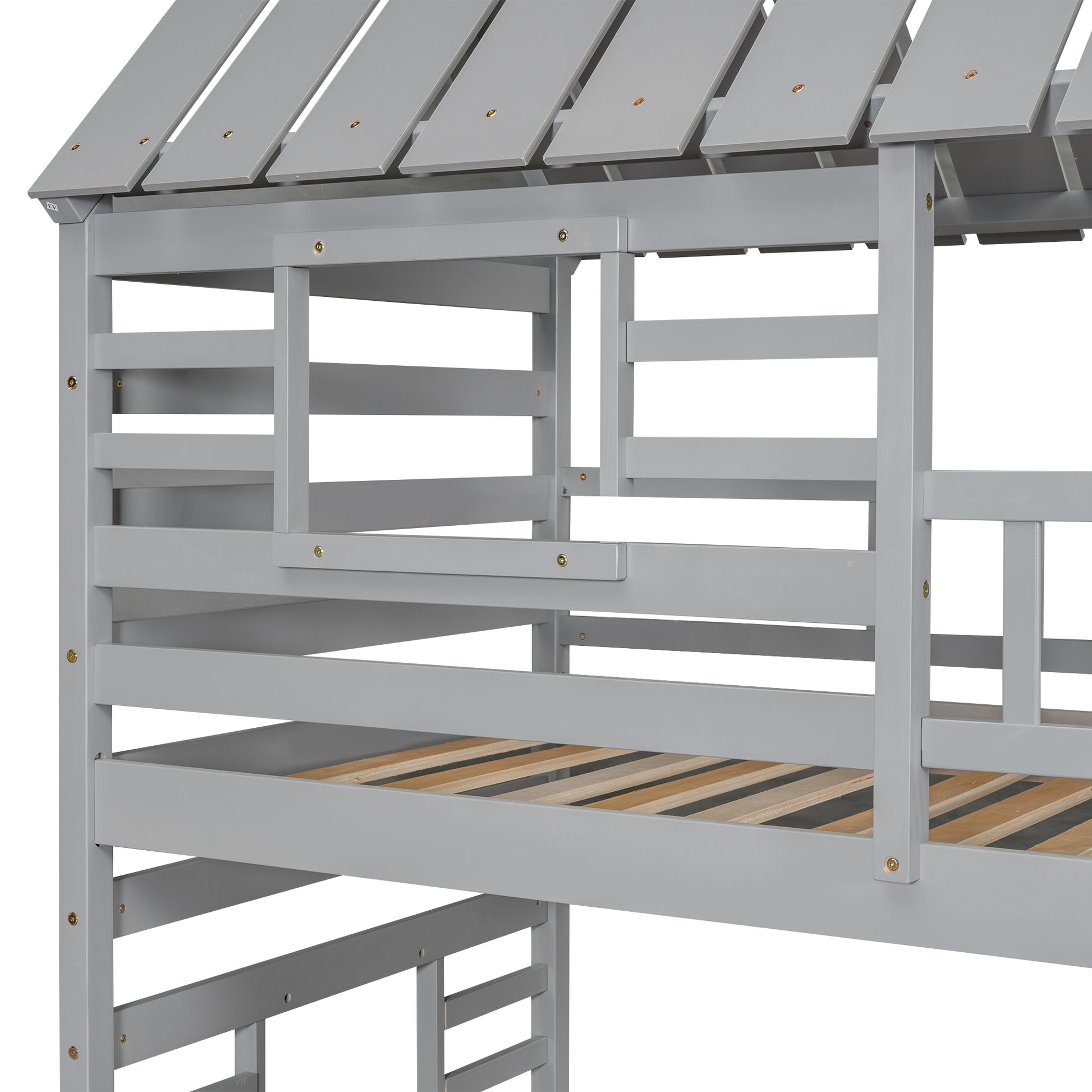 Twin Over Twin House Bunk Bed With Trundle And Slide, Storage Staircase, Roof And Window Design, Gray Old Sku: Gx000931Aae Box Spring Not Required Twin Gray Wood Bedroom Bunk Pine