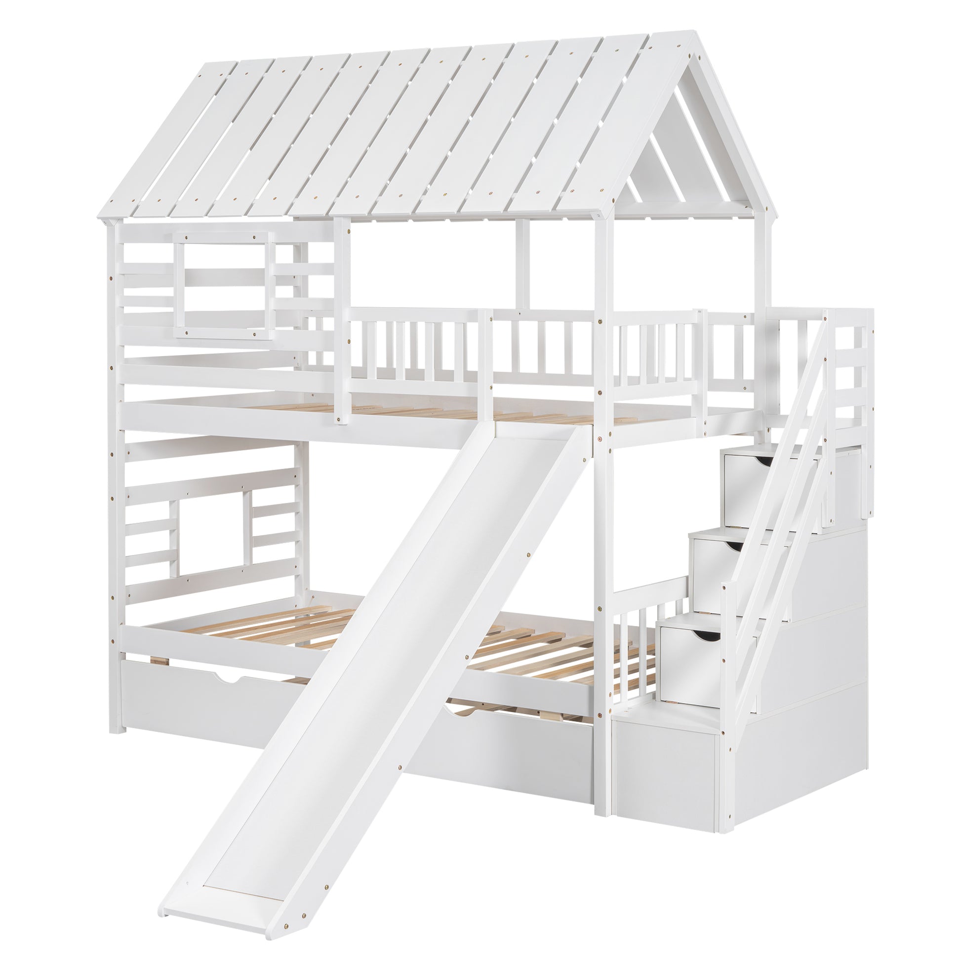 Twin Over Twin House Bunk Bed With Trundle And Slide, Storage Staircase, Roof And Window Design, White Old Sku: Gx000931Aak Box Spring Not Required Twin White Wood Bedroom Bunk Pine