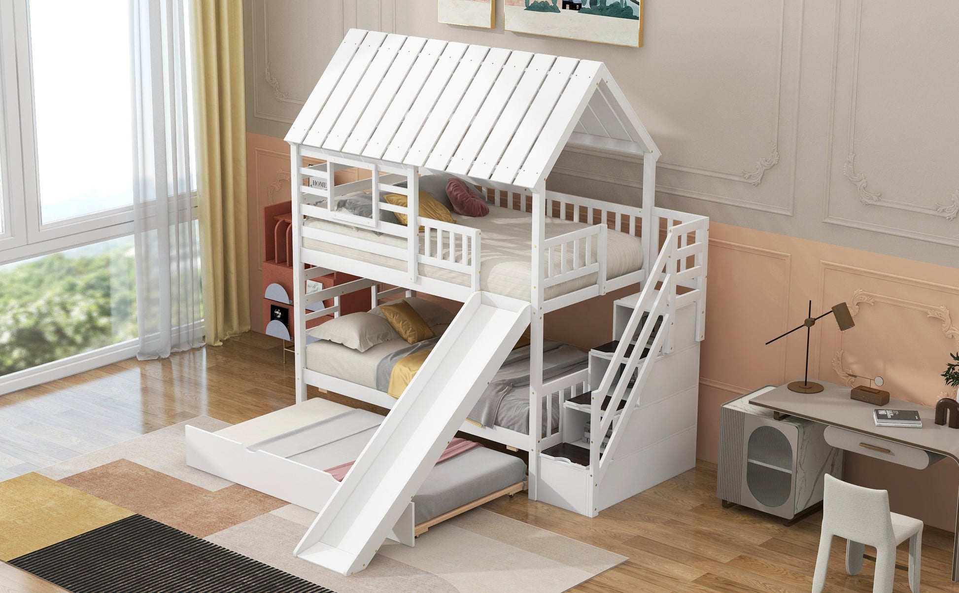 Twin Over Twin House Bunk Bed With Trundle And Slide, Storage Staircase, Roof And Window Design, White Old Sku: Gx000931Aak Box Spring Not Required Twin White Wood Bedroom Bunk Pine