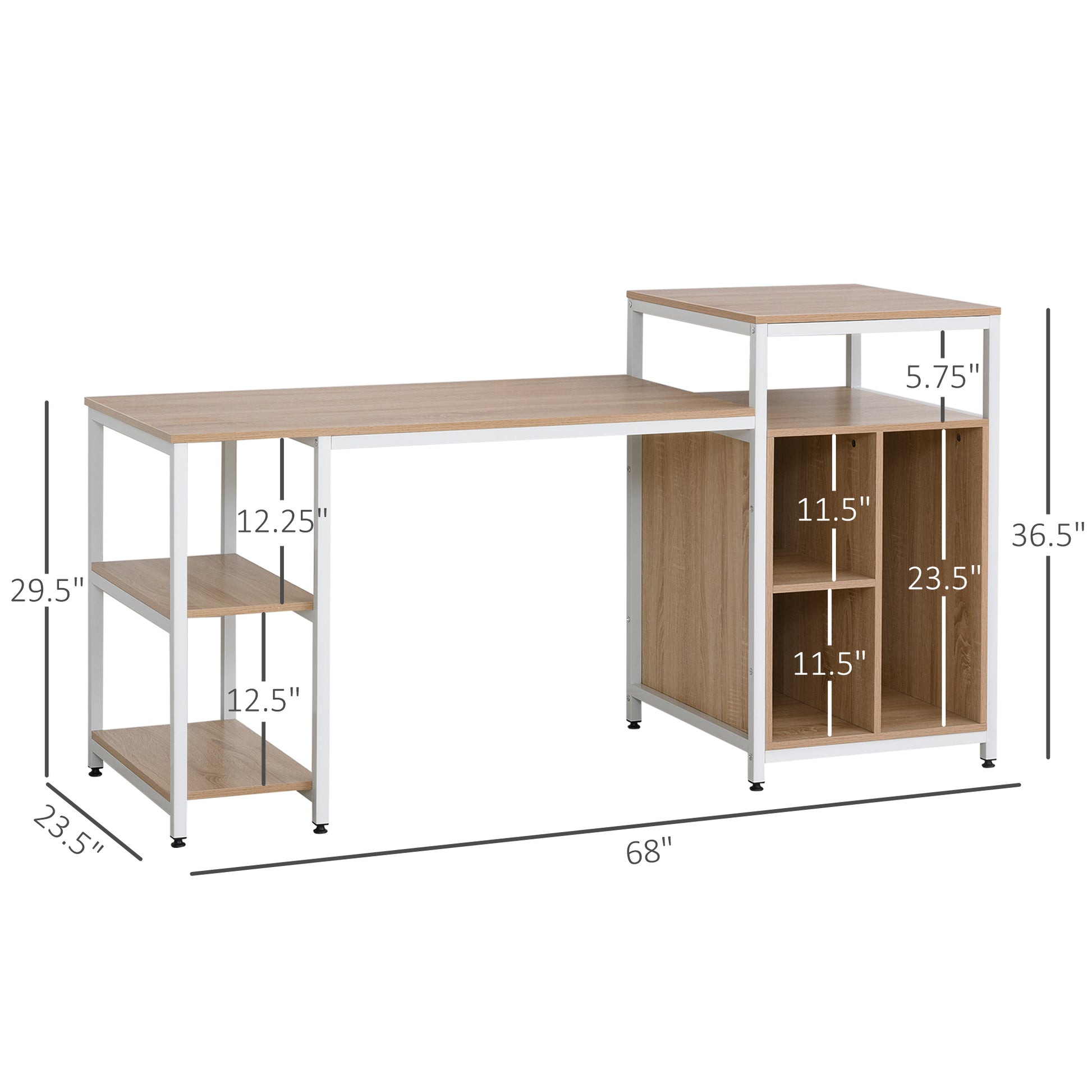 Homcom 68 Inch Office Table Computer Desk Workstation Bookshelf With Cpu Stand, Spacious Storage Shelves & Chic Modern Woodgrain Design, Oak Wood Grain Natural Particle Board