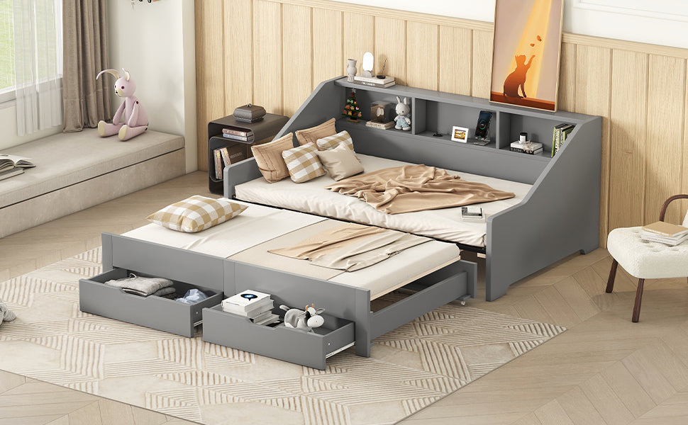 Twin To King Size Daybed Frame With Storage Bookcases And Two Drawers,Charging Design,Gray Gray Solid Wood Mdf