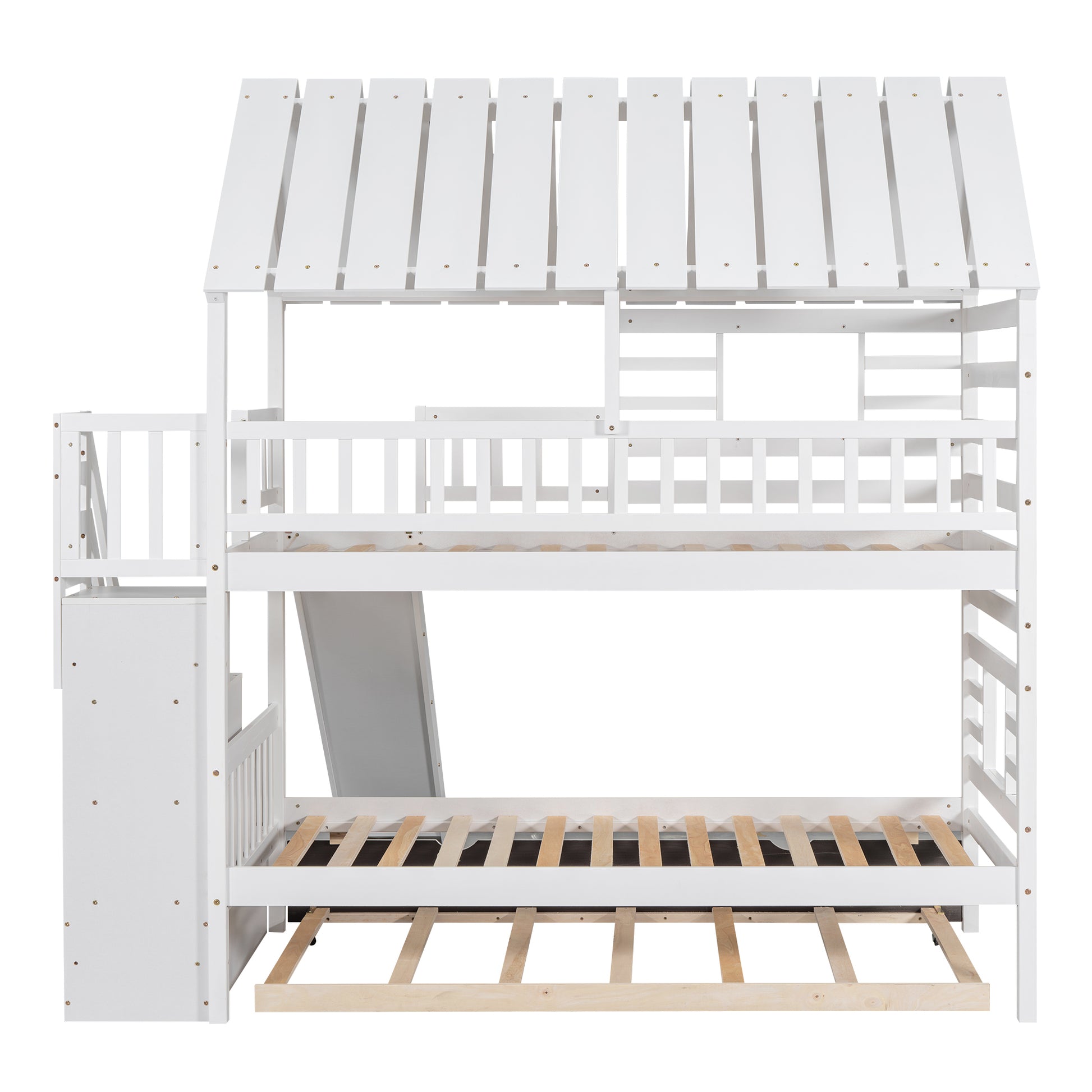 Twin Over Twin House Bunk Bed With Trundle And Slide, Storage Staircase, Roof And Window Design, White Old Sku: Gx000931Aak Box Spring Not Required Twin White Wood Bedroom Bunk Pine