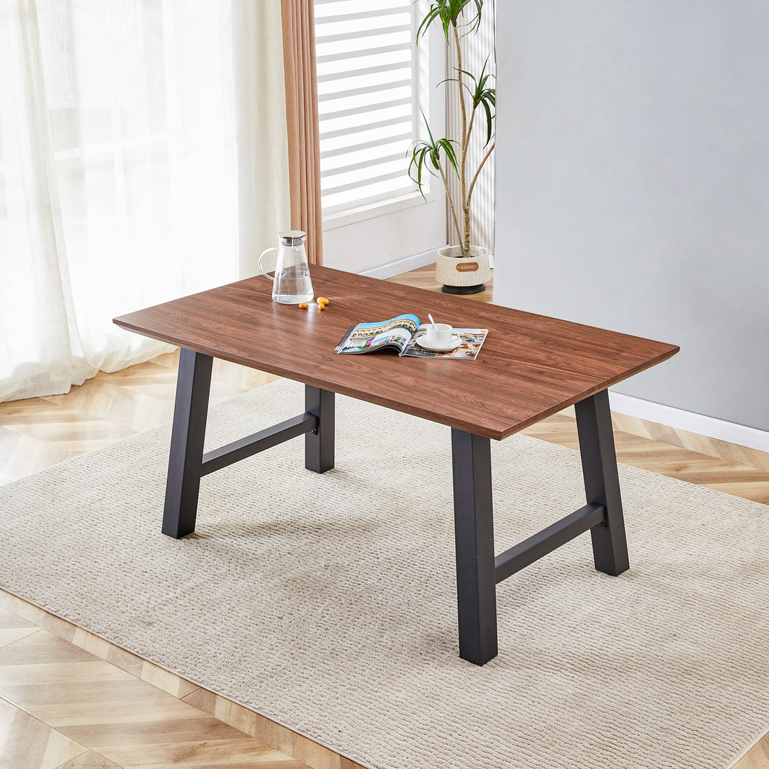 63 Inch Rectangle Dining Table Set For 4 6 People, Walnut Wood Effect, Suitable For Kitchens, Restaurants, And Living Rooms, 63" W X 35.43"D X 30" Dark Oak Dining Room Antique,Modern Kitchen & Dining Tables Mdf Steel