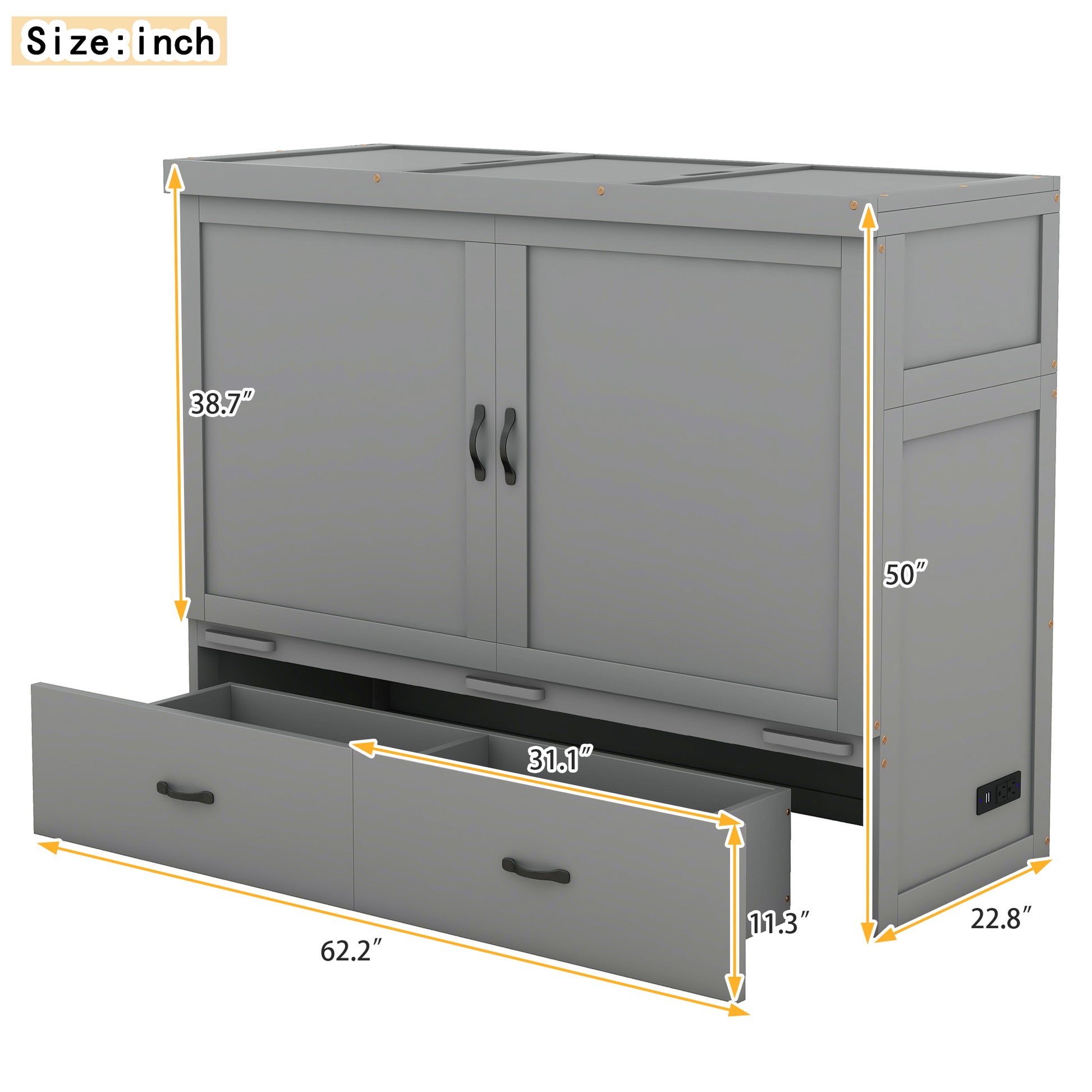 Queen Size Murphy Bed With Usb Port And A Large Drawer, Gray Gray Solid Wood Mdf