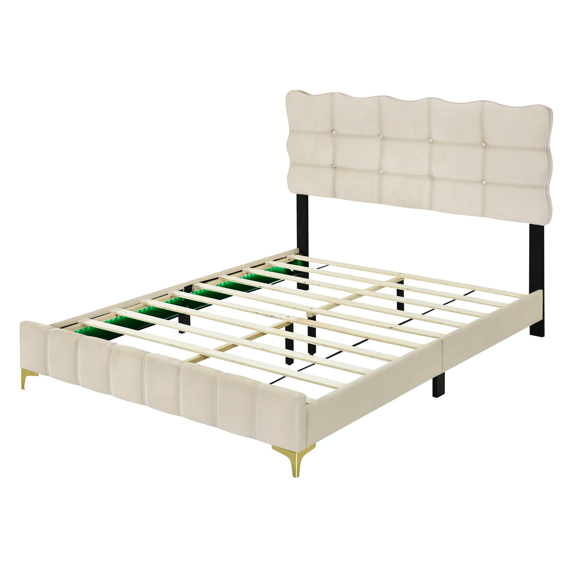 Queen Size Velvet Platform Bed With Led Frame And Stylish Mental Bed Legs, Beige Beige Velvet