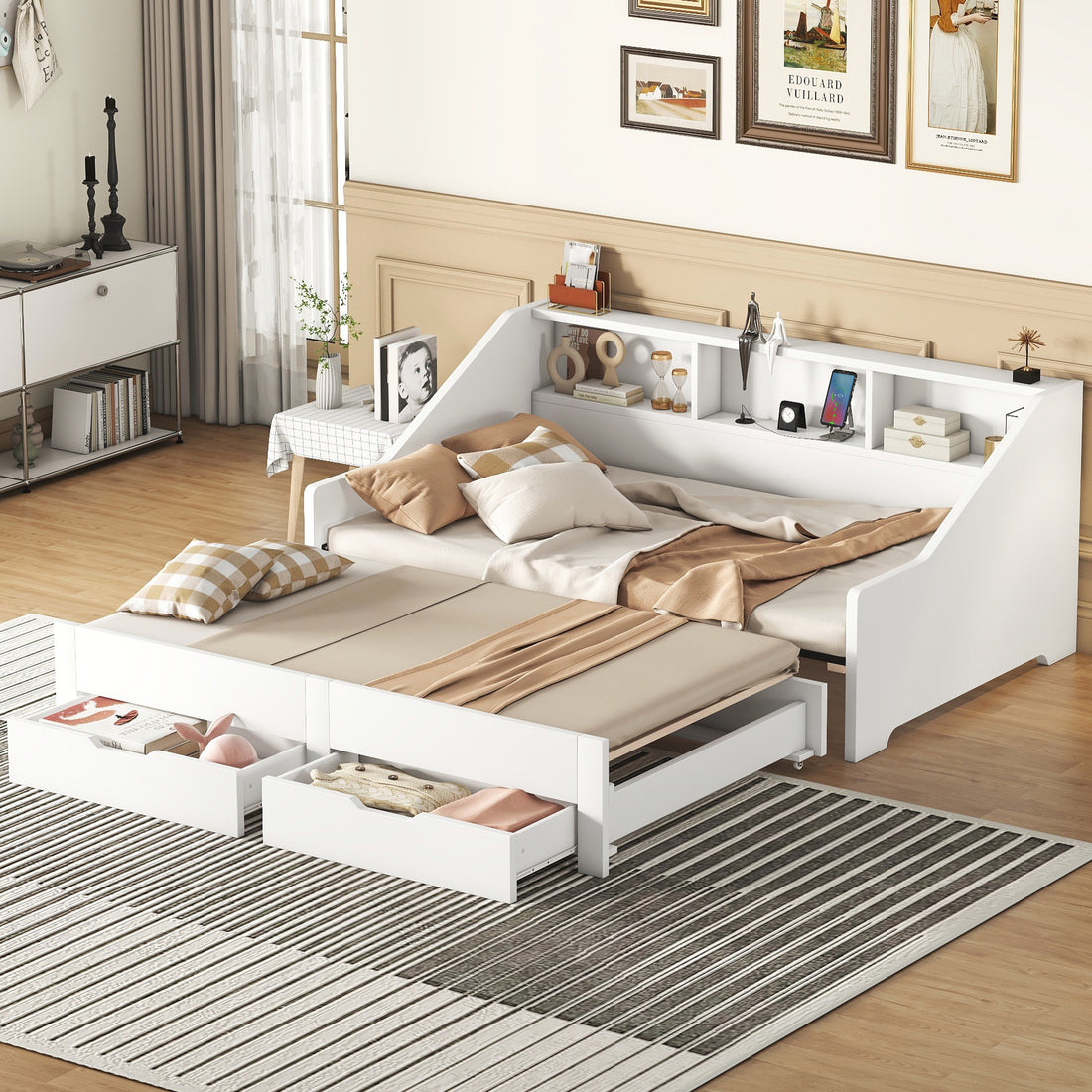 Twin To King Size Daybed Frame With Storage Bookcases And Two Drawers,Charging Design,White White Solid Wood Mdf