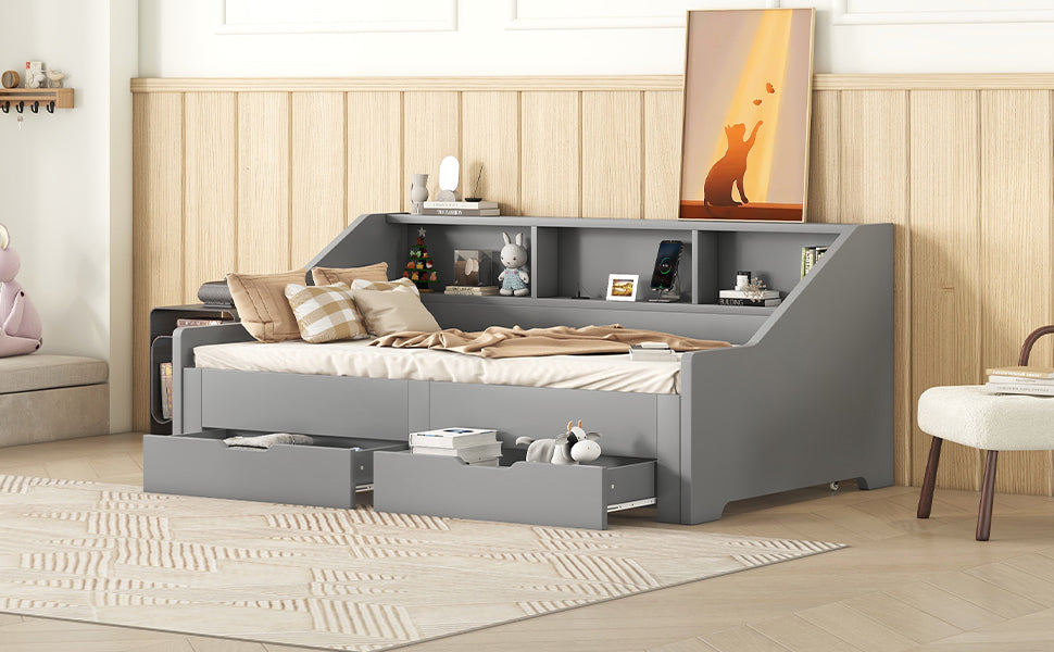 Twin To King Size Daybed Frame With Storage Bookcases And Two Drawers,Charging Design,Gray Gray Solid Wood Mdf