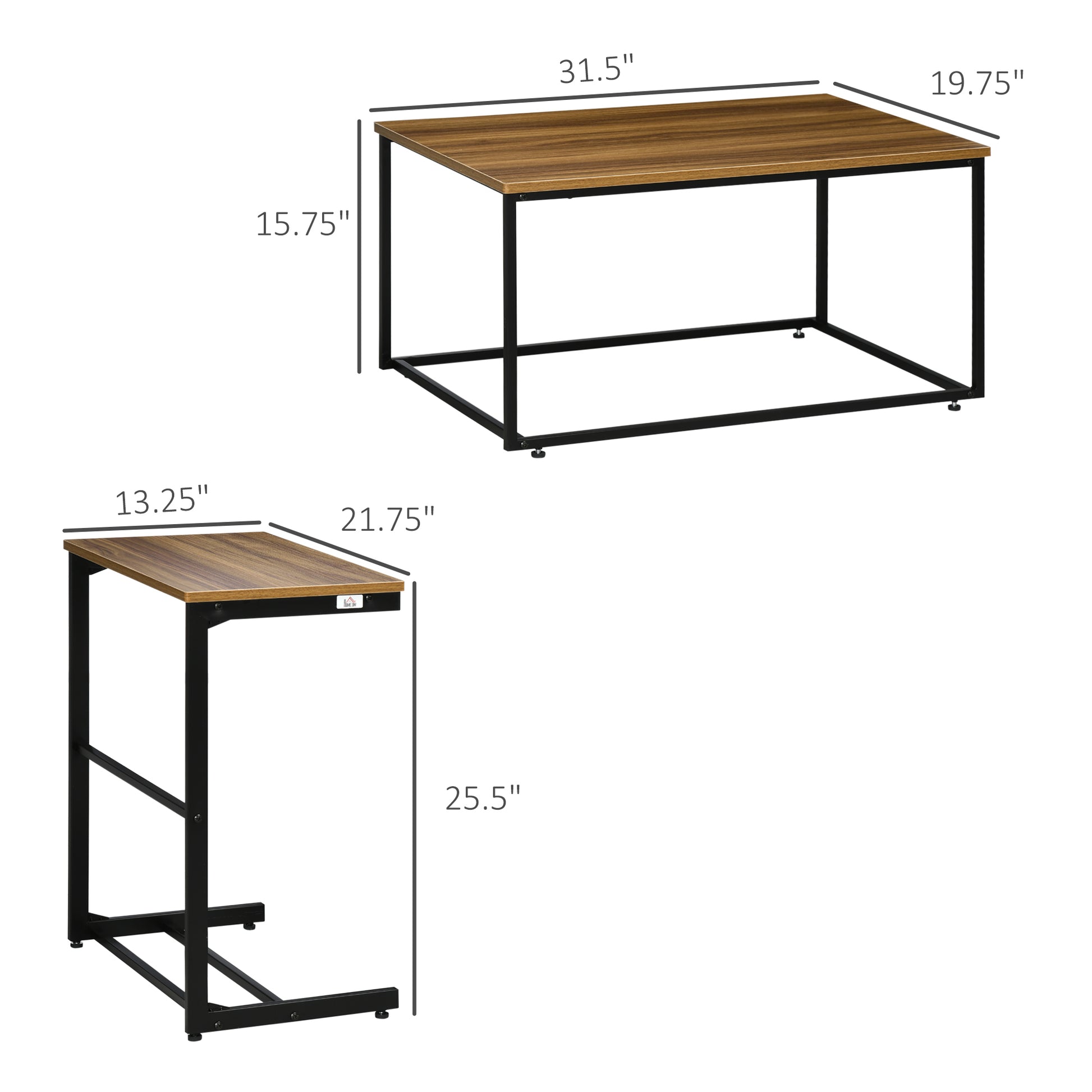 Homcom Nesting Tables Set Of 2, Industrial Coffee Table Set With Metal Frame & Adjustable Foot Pads, Living Room Furniture, Brown Natural Mdf