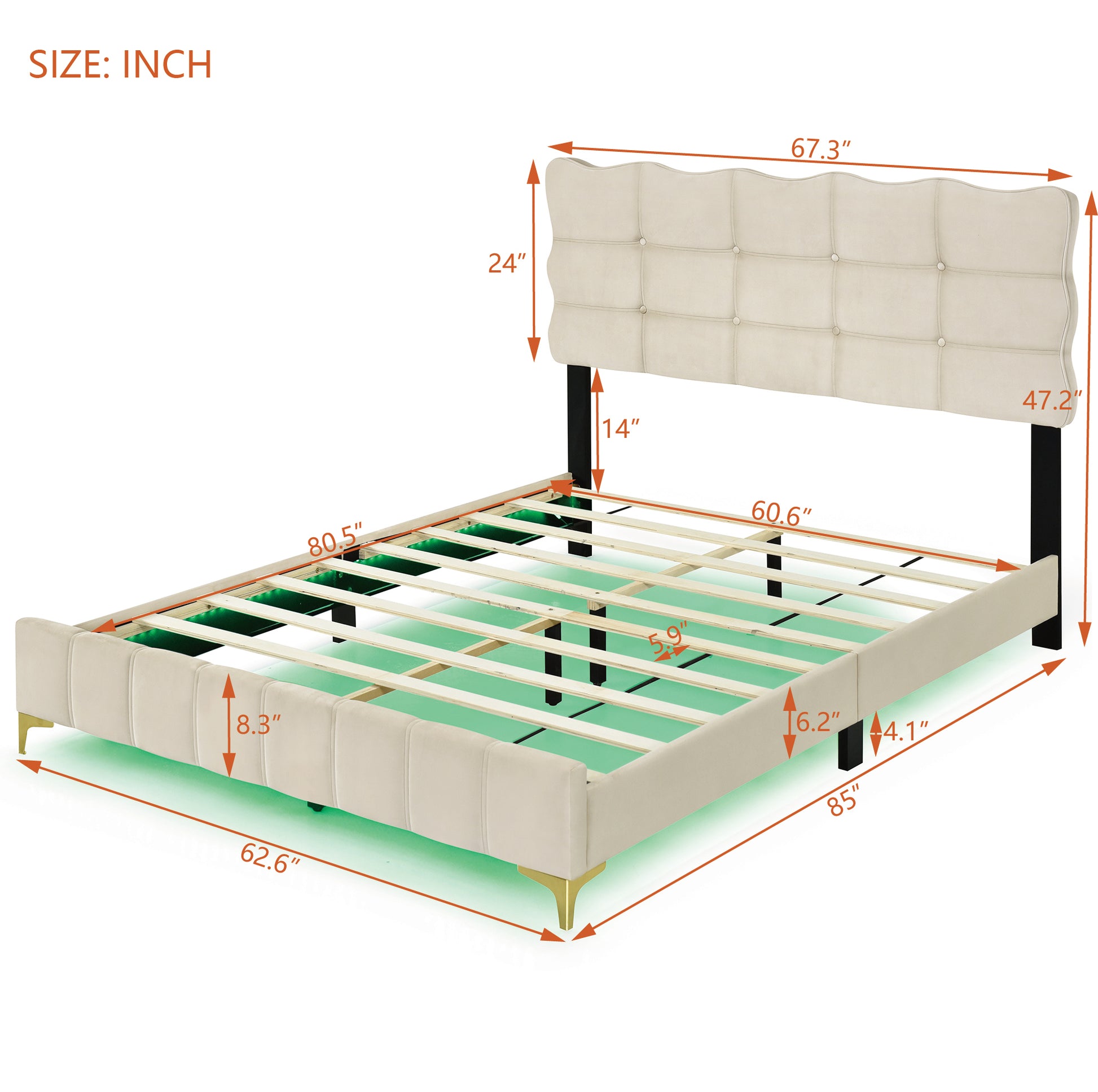 Queen Size Velvet Platform Bed With Led Frame And Stylish Mental Bed Legs, Beige Beige Velvet