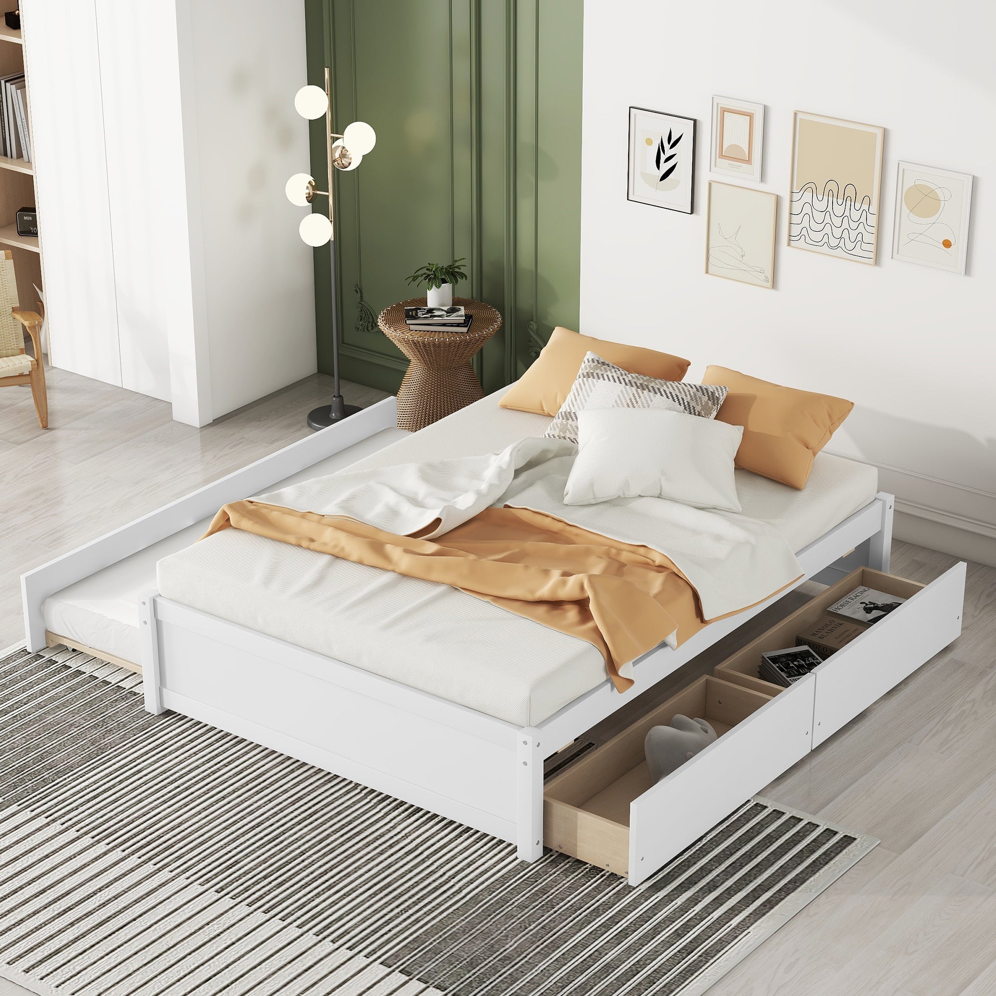 Full Bed With Twin Trundle And Two Drawers For White Color Full White Solid Wood