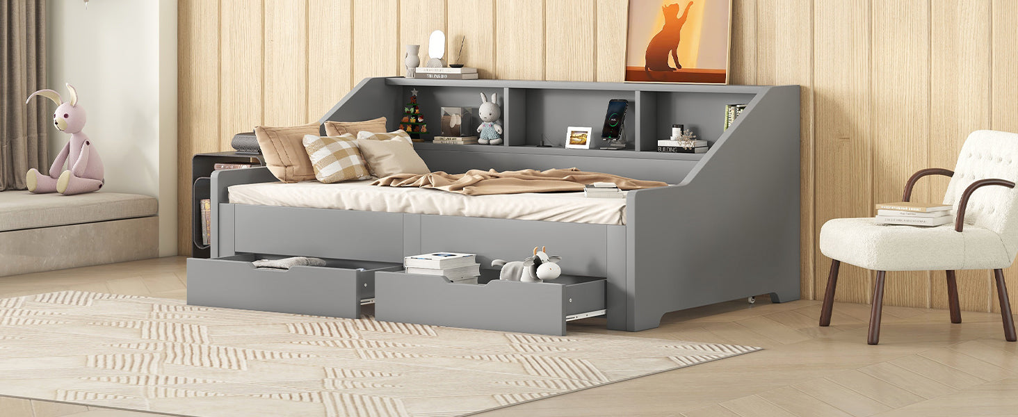 Twin To King Size Daybed Frame With Storage Bookcases And Two Drawers,Charging Design,Gray Gray Solid Wood Mdf