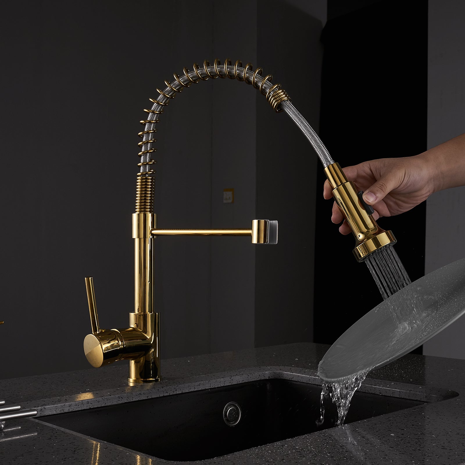 Commercial Kitchen Faucet With Pull Down Sprayer, Single Handle Single Lever Kitchen Sink Faucet Gold Kitchen Contemporary Ceramic Brass