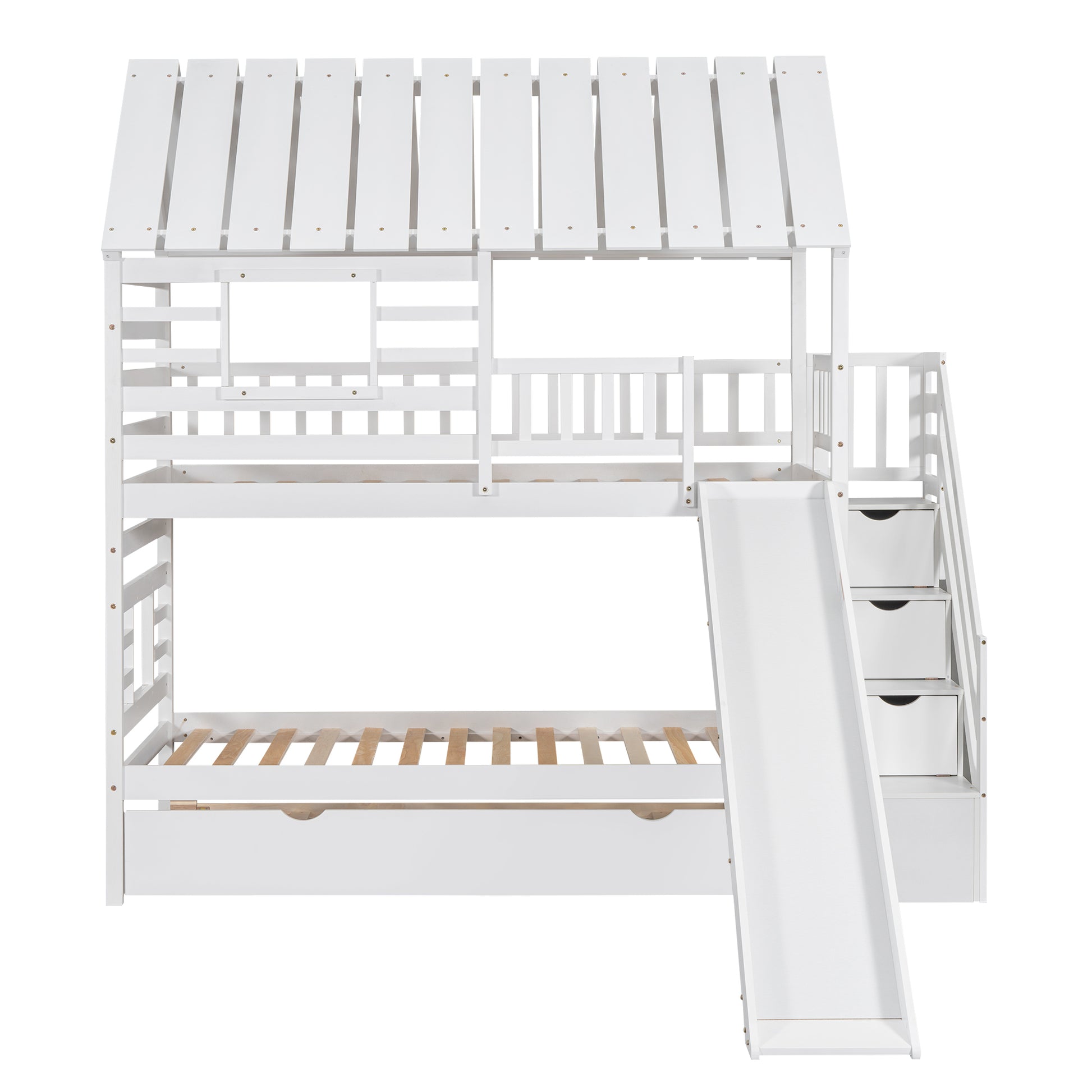 Twin Over Twin House Bunk Bed With Trundle And Slide, Storage Staircase, Roof And Window Design, White Old Sku: Gx000931Aak Box Spring Not Required Twin White Wood Bedroom Bunk Pine