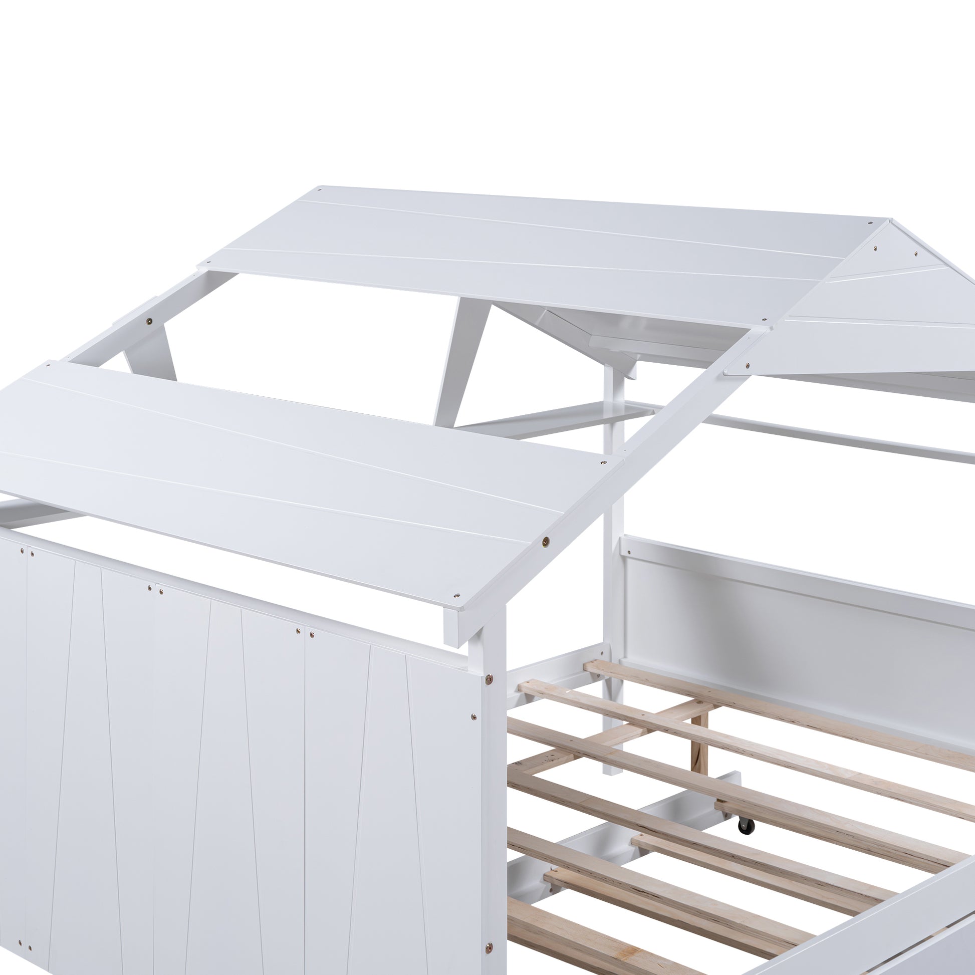 Wood Full Size House Bed With Twin Size Trundle And Storage, White Box Spring Not Required Full White Wood Bedroom Solid Wood Mdf