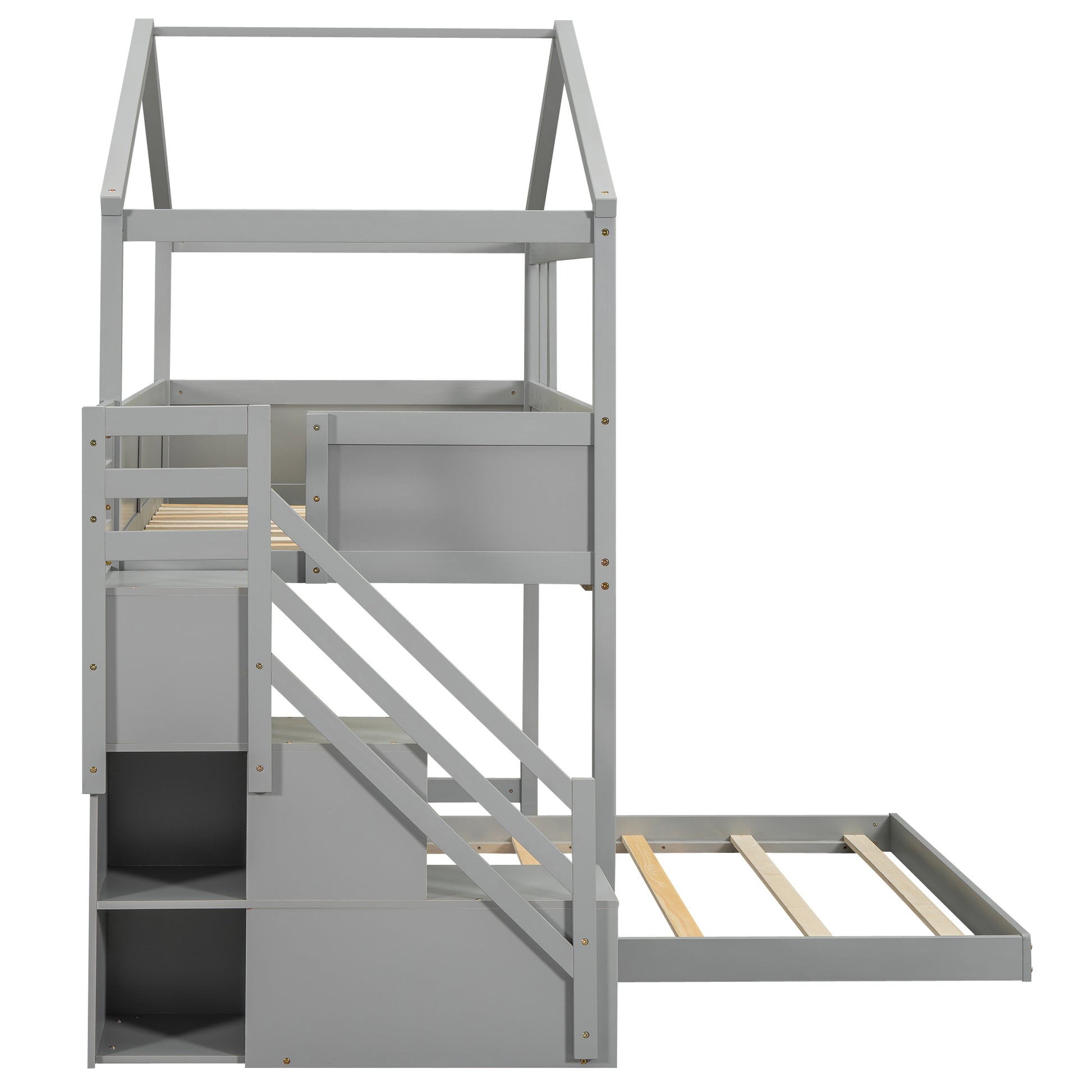 Twin Over Full House Bunk Bed With Storage Staircase And Blackboard,Gray Old Sku: Gx001701Aae Box Spring Not Required Gray Wood Bedroom Bunk Pine