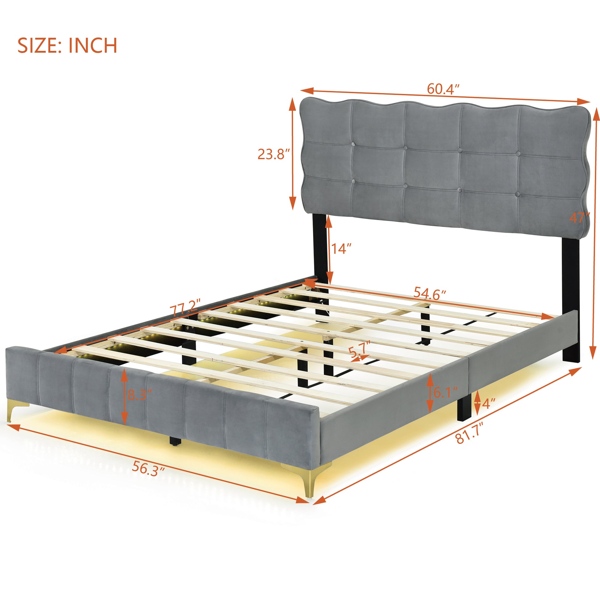 Full Size Velvet Platform Bed With Led Frame And Stylish Mental Bed Legs, Gray Gray Velvet