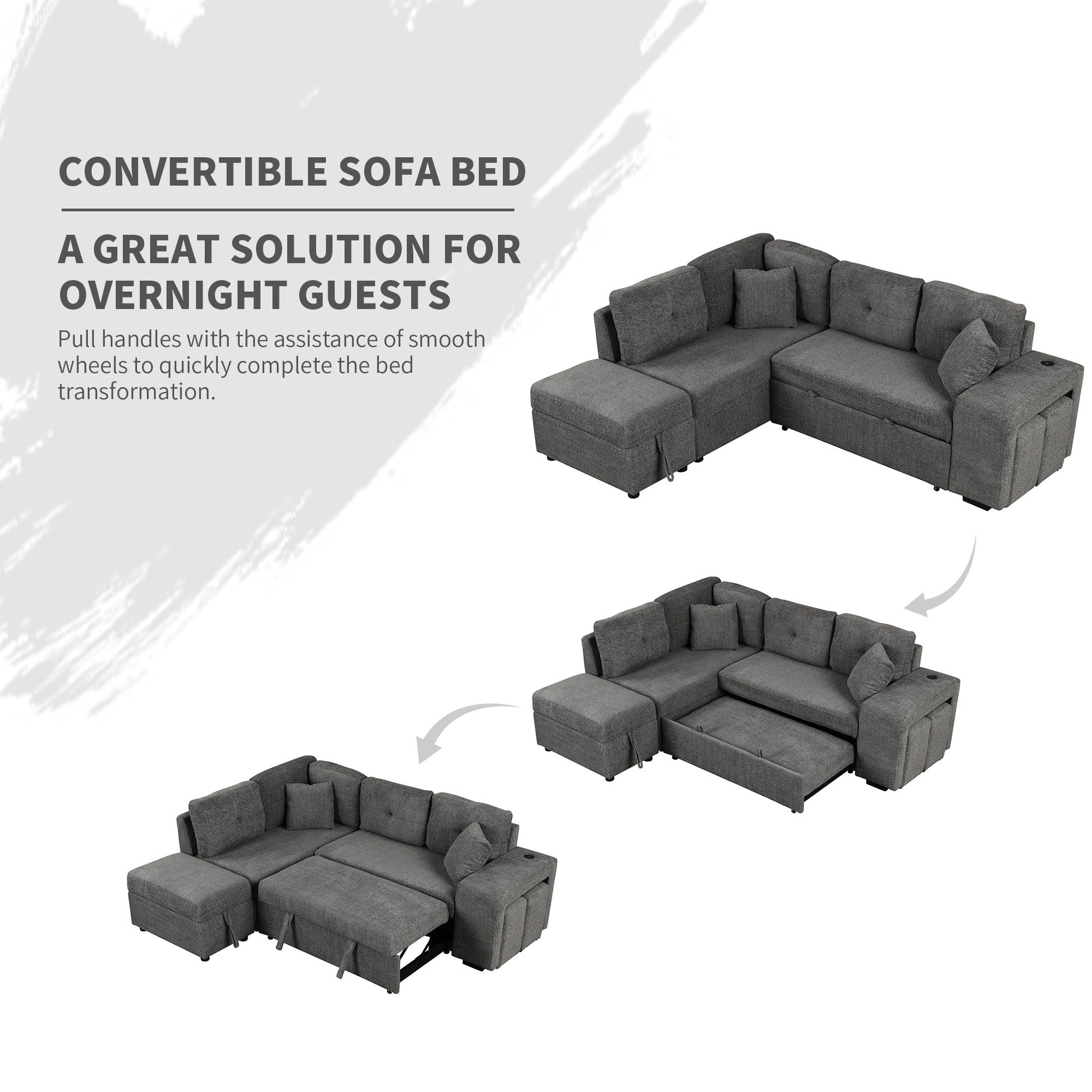 87.7" Convertible Sleeper, Sectional Pull Out Sofa Bed With Storage Ottoman, 2 Throw Pillows, 2 Stools, Wireless Charger And Two Hidden Usb Ports For Living Room, Dark Gray Dark Gray Chenille 4 Seat