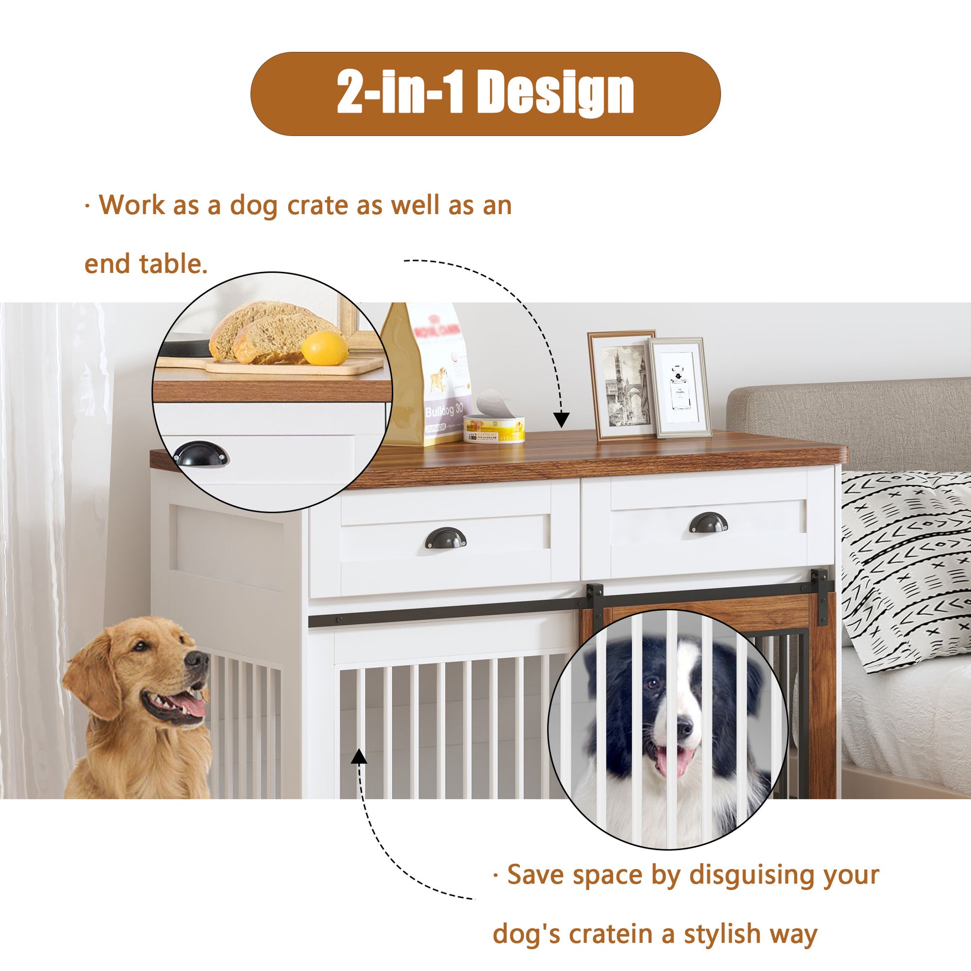 Heavy Duty Furniture Style Dog Cage Wooden Dog Cage Double Door Dog Cage Side Cabinet Dog Cage Dog Crate 44 1 2"W *22 3 4"D *33 1 4"H White Walnut American Design Particle Board