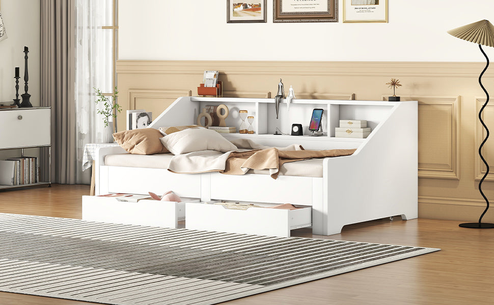 Twin To King Size Daybed Frame With Storage Bookcases And Two Drawers,Charging Design,White White Solid Wood Mdf