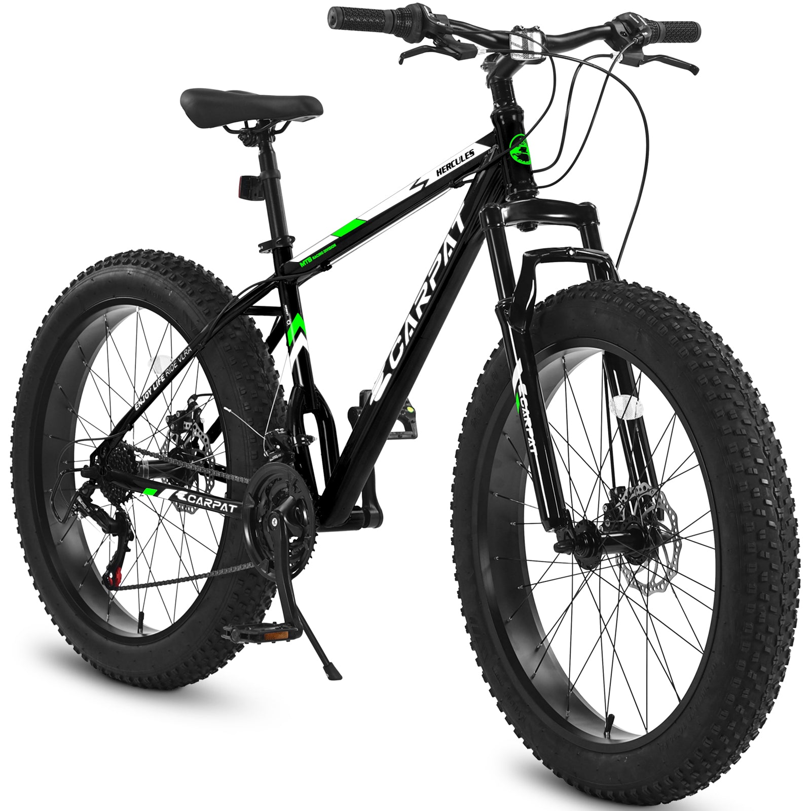 S26109 Elecony 26 Inch Fat Tire Bike Adult Youth Full Shimano 21 Speed Mountain Bike, Dual Disc Brake, High Carbon Steel Frame, Front Suspension, Mountain Trail Bike, Urban Commuter City Bicycle Black Steel