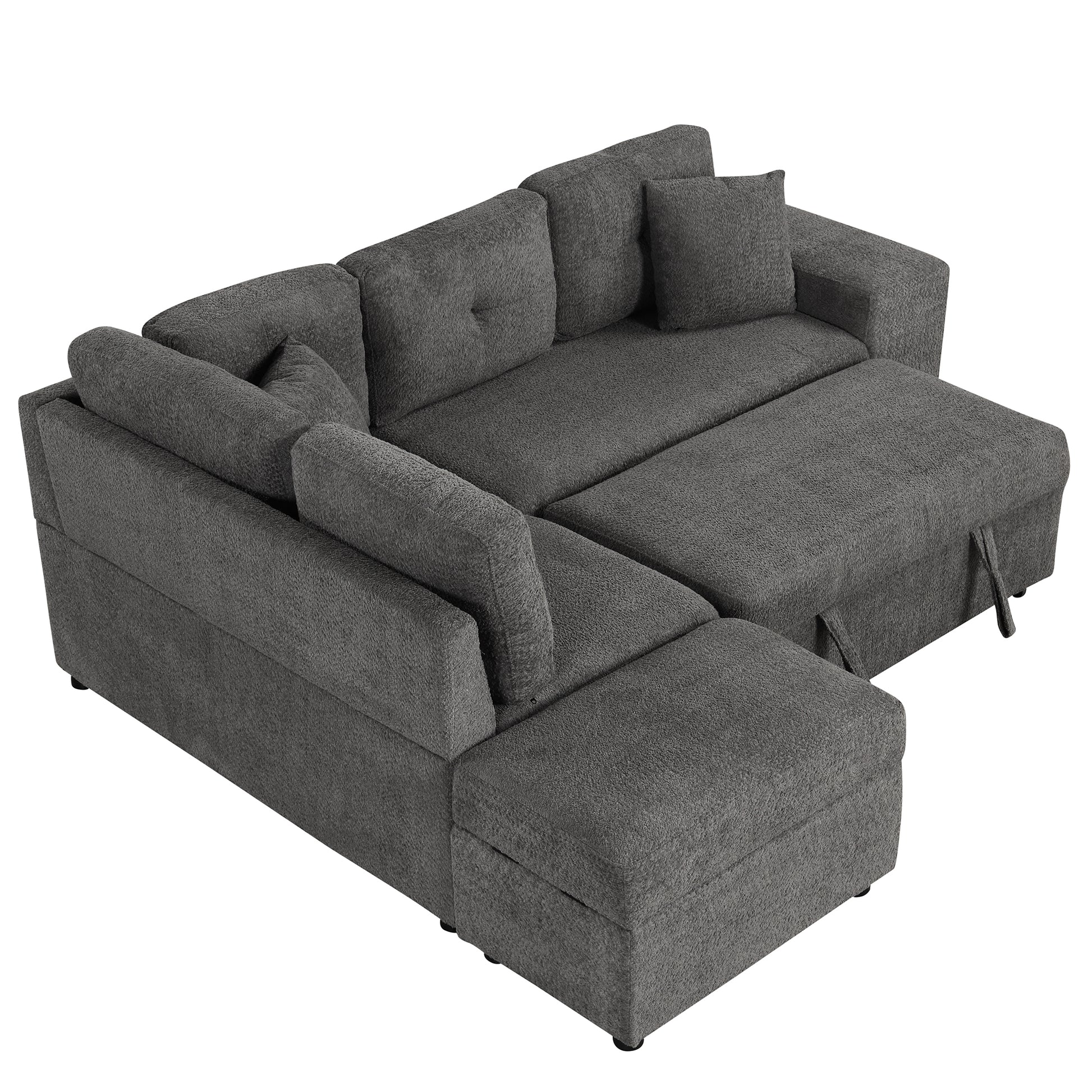 87.7" Convertible Sleeper, Sectional Pull Out Sofa Bed With Storage Ottoman, 2 Throw Pillows, 2 Stools, Wireless Charger And Two Hidden Usb Ports For Living Room, Dark Gray Dark Gray Chenille 4 Seat